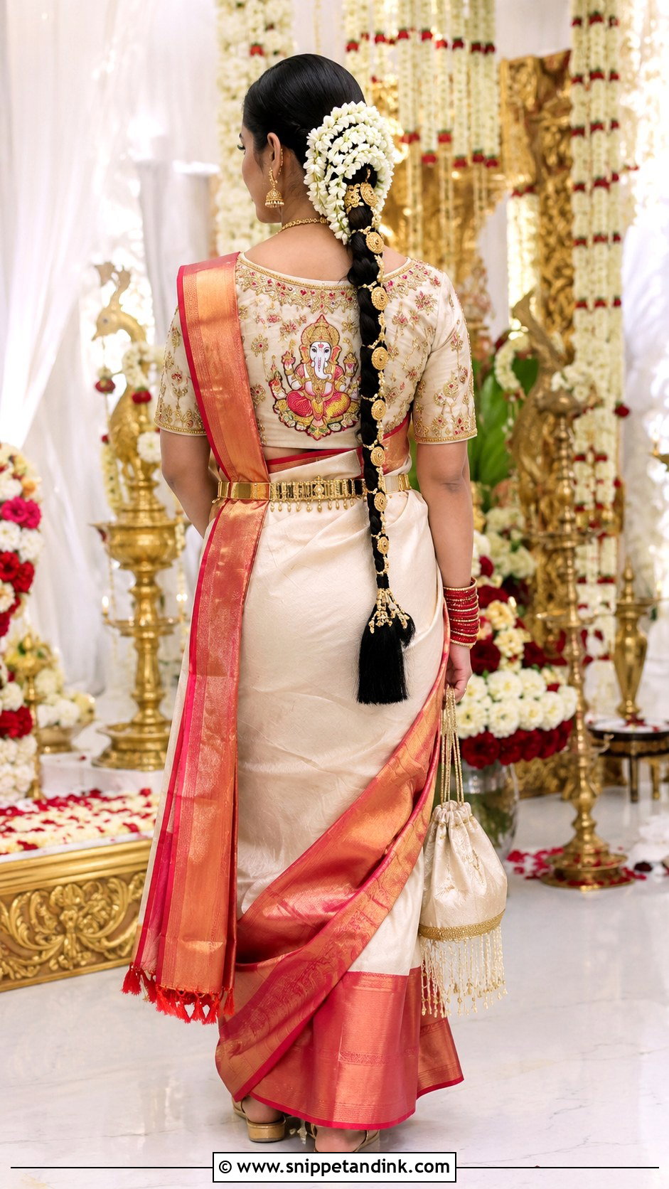 Cream Ganesha Maggam Work Bridal Blouse - Snippet and Ink - 20 Bride Maggam Work Blouses Ideas