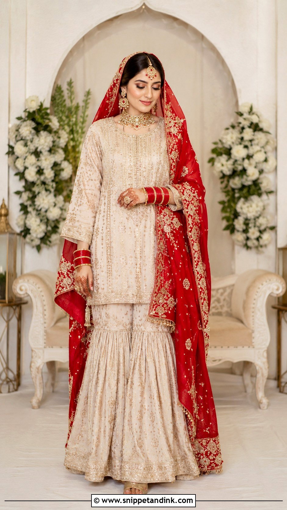 Cream Gharara With Red Dupatta - Snippet and Ink - 30 Indian Muslim Bridal Dress Ideas