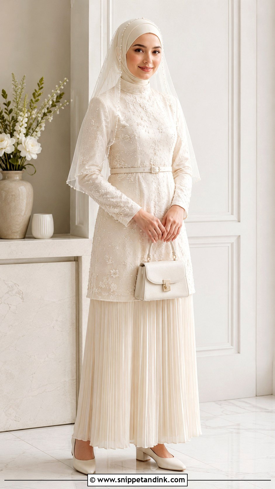 Cream Islamic Bridal Two Piece Skirt Outfit - Snippet and Ink - 20 Islamic Bride Dress Ideas
