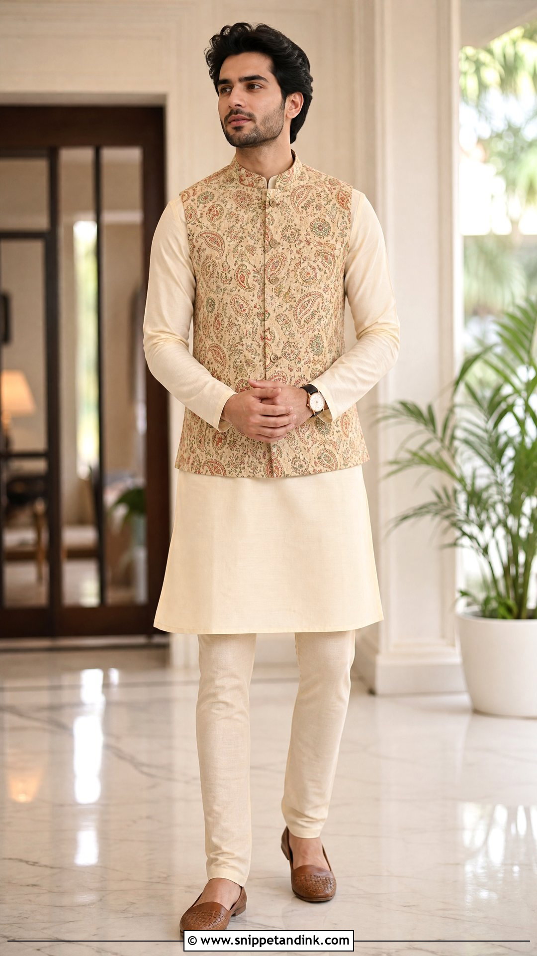Cream Kurta With Printed Waistcoat - Snippet and Ink - 25 Indian Bride Brother Outfit Ideas