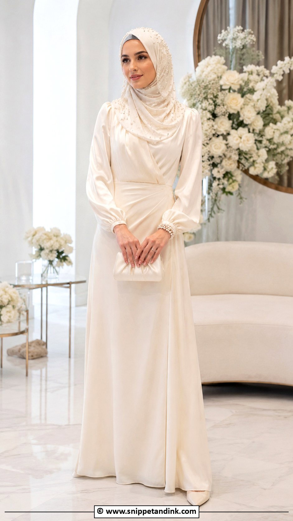Cream Nikah Dress With Pearl Hijab - Snippet and Ink - 30 Muslim Nikah Dresses