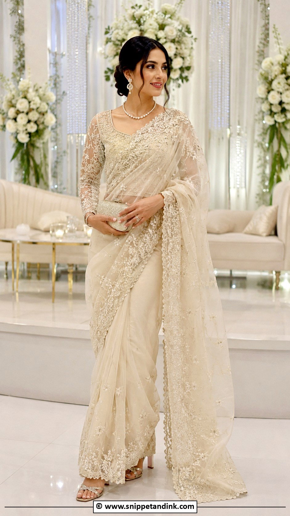 Cream Nikkah Saree With Embroidered Blouse - Snippet and Ink - 30 Nikkah Look Ideas
