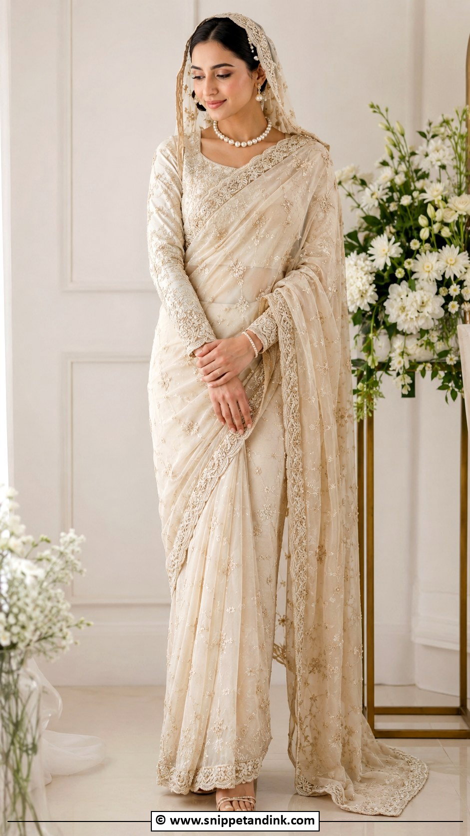 Cream Nikkah Saree With Long Blouse - Snippet and Ink - 35 Nikkah Dress Ideas