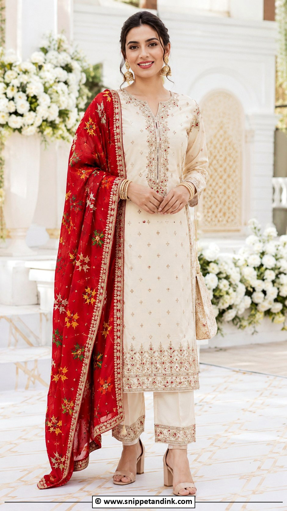 Cream Punjabi Suit With Red Dupatta - Snippet and Ink - 30 Punjabi Wedding Suit Ideas