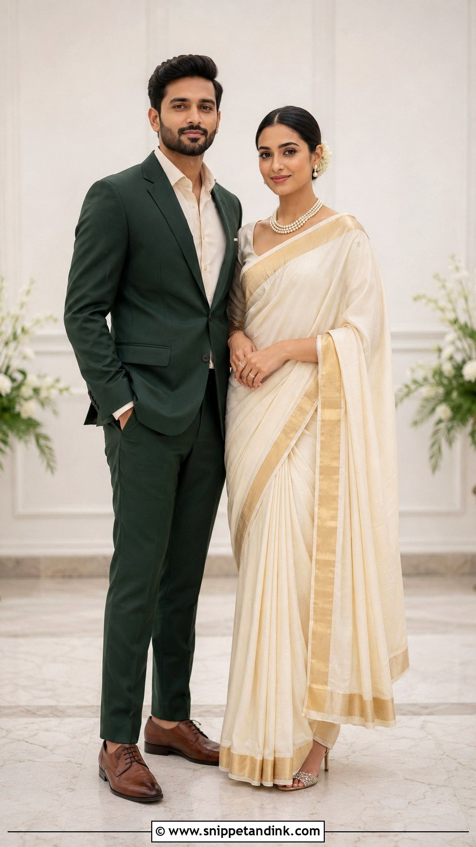 Cream Saree And Forest Green Suit Wedding Couple Dress Combination - Snippet and Ink - 25 Wedding Couple Dress Combination Ideas