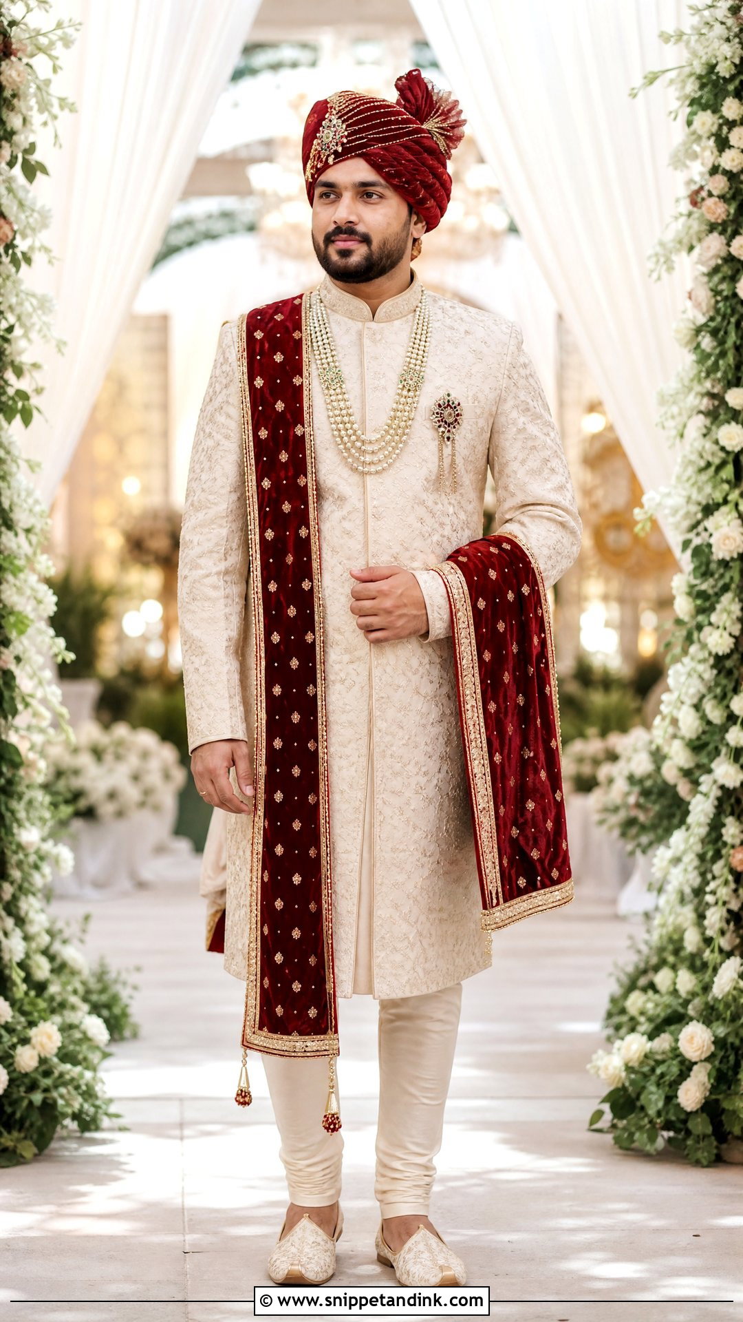 Cream Sherwani And Red Turban Outfit - Snippet and Ink - 20 Virat Kohli Wedding Dress Ideas