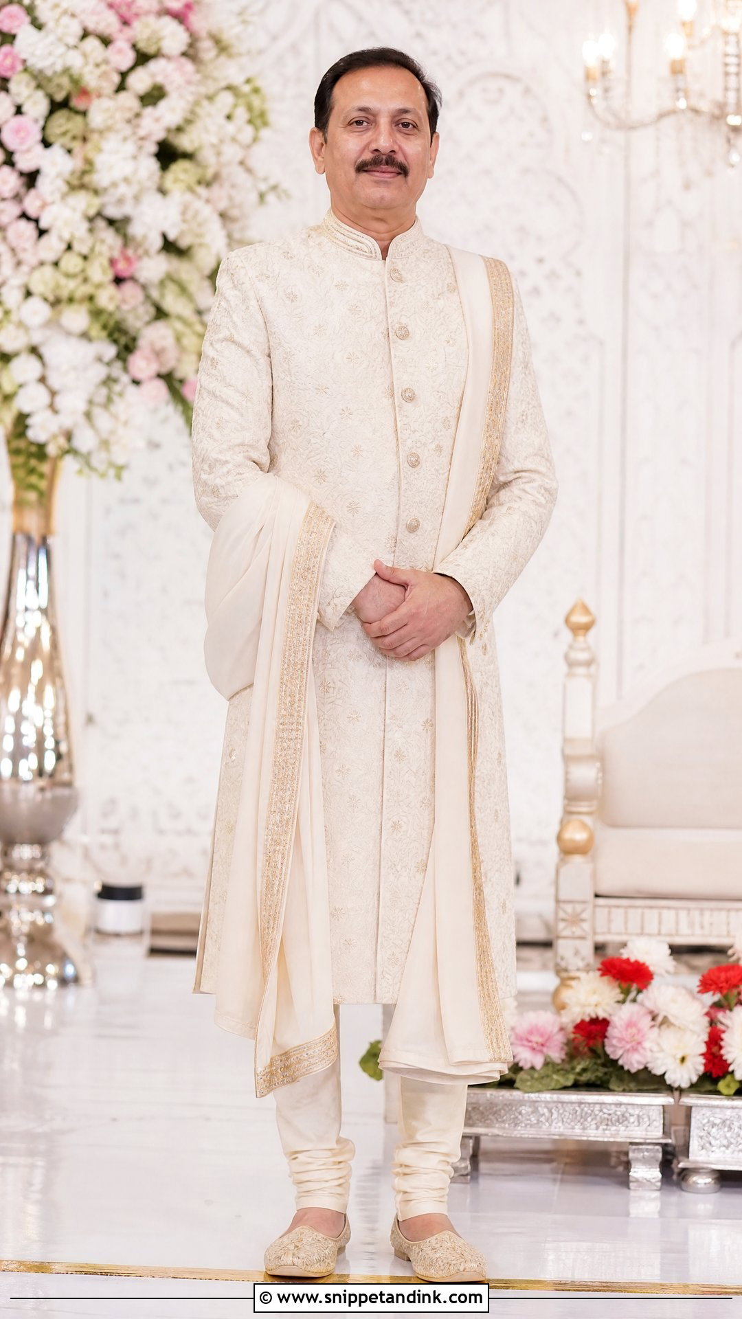 Cream Sherwani With Dupatta - Snippet and Ink - 25 Indian Bride Father Outfit Ideas