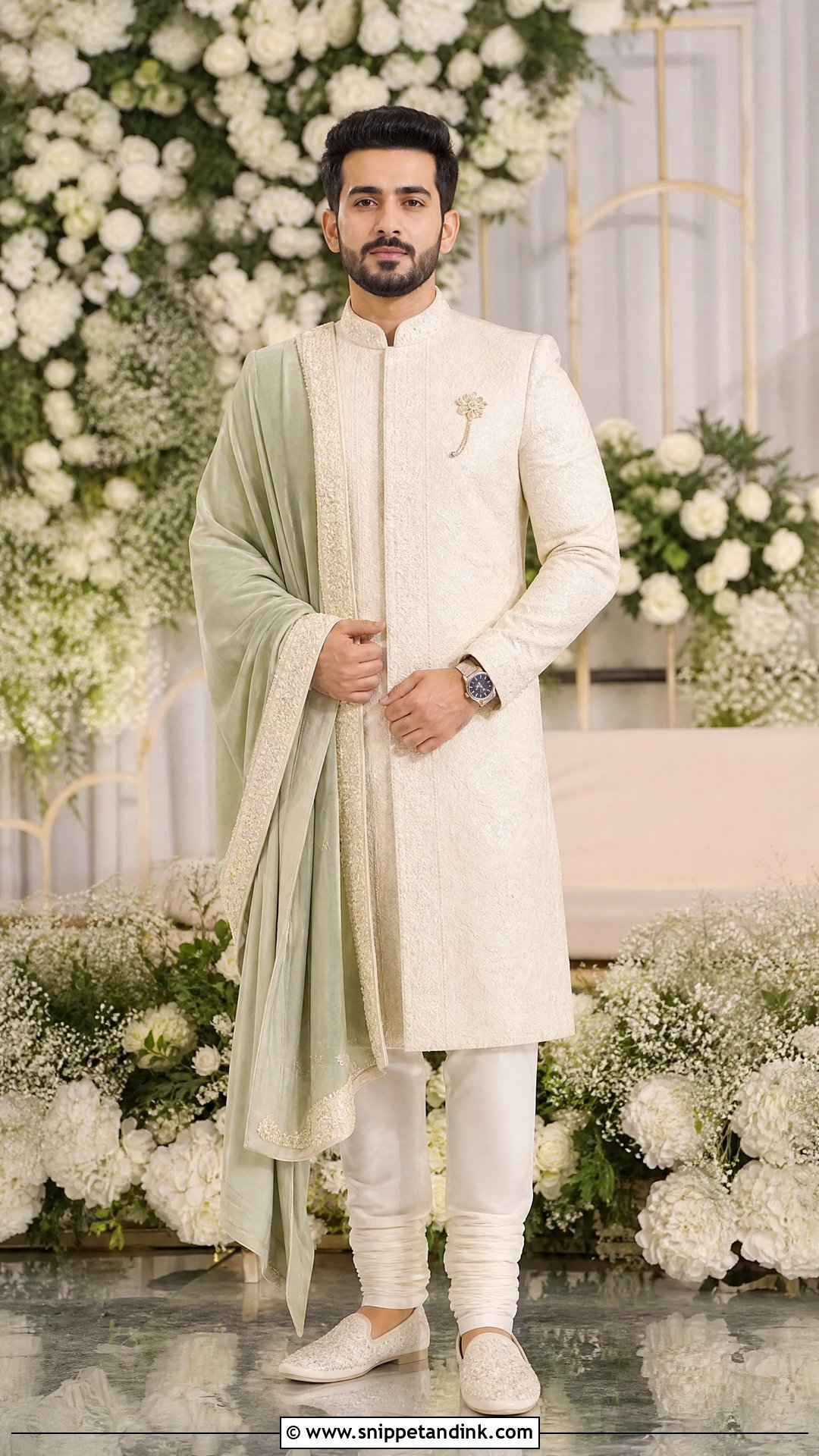 Cream Sherwani With Stole for Brides Brother - Snippet and Ink - 20 Outfit for Brides Brother Ideas