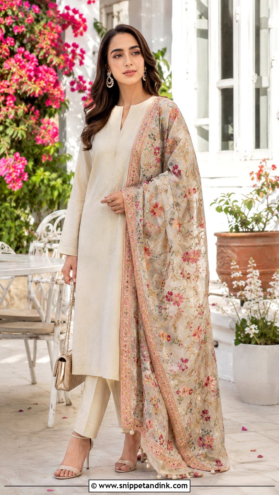 Cream Simple Suit With Heavy Floral Dupatta - Snippet and Ink - 30 Simple Suit with Heavy Dupatta Ideas