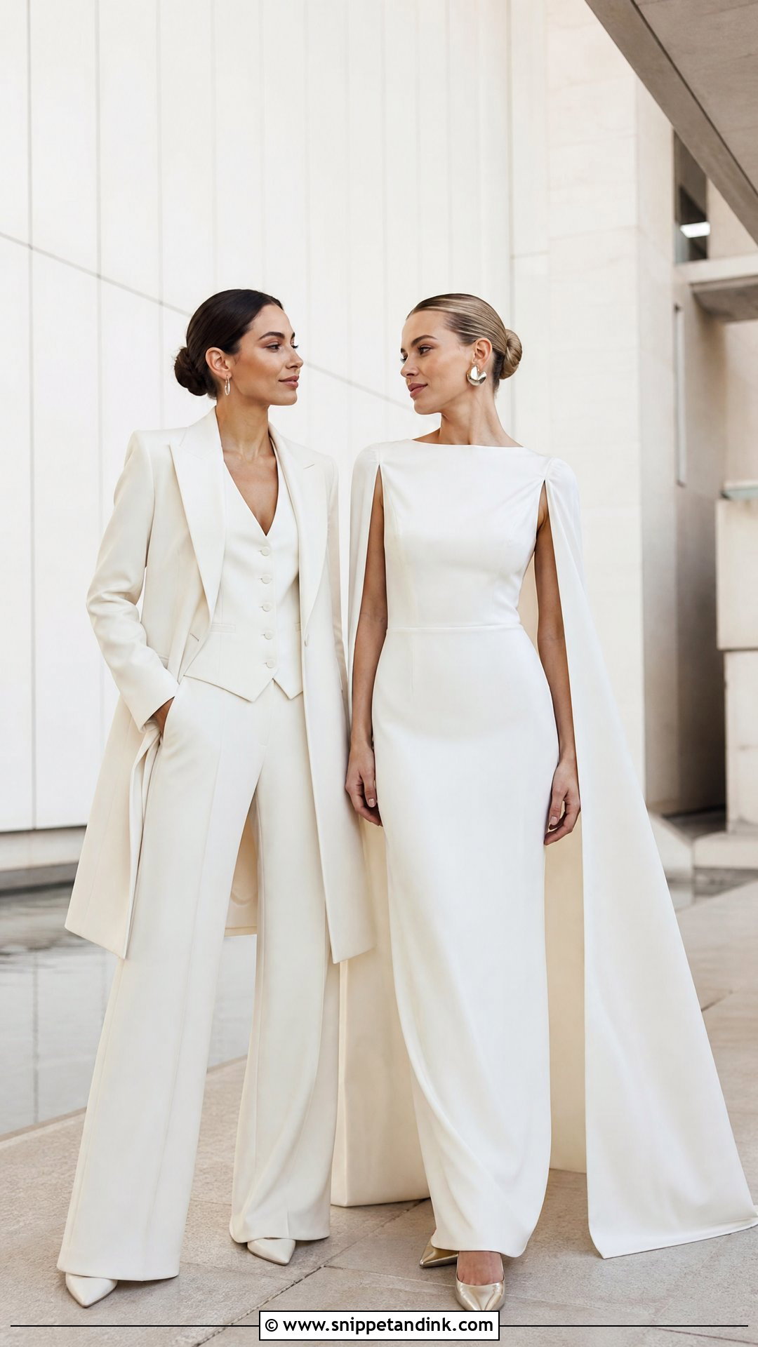Cream Suit And Cape Wedding Dress - Snippet and Ink - 20 WLW Wedding Suit and Dress Ideas