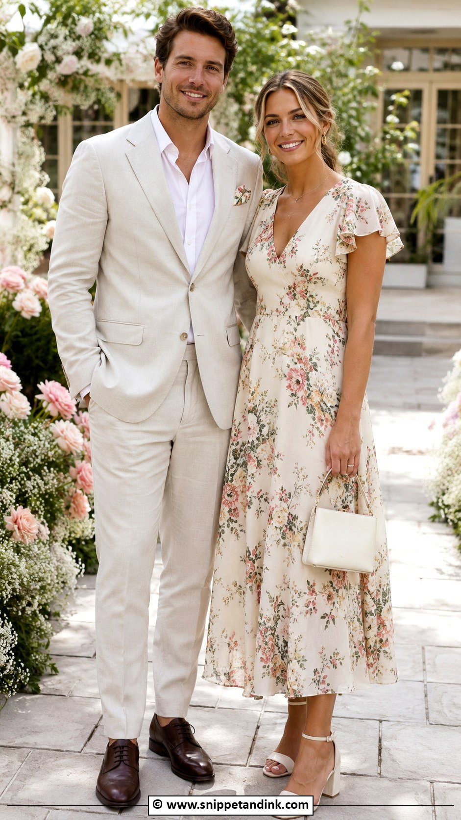 Cream Suit And Floral Midi Dress Wedding Matching Outfit - Snippet and Ink - 35 Wedding Matching Outfits