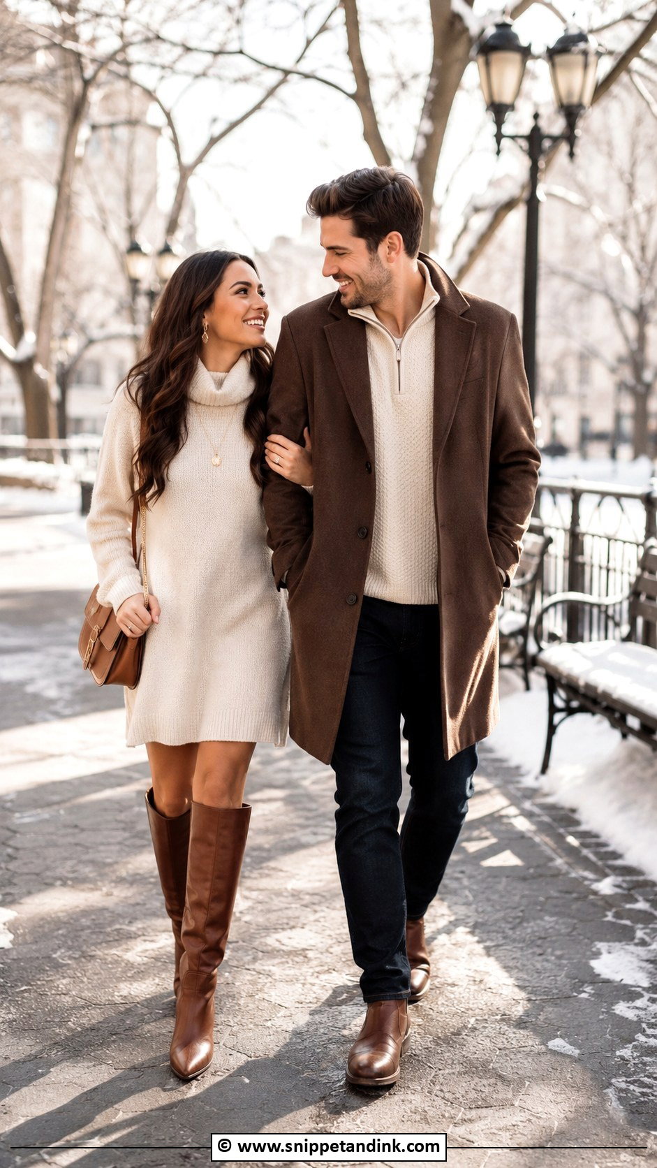 Cream Sweater Dress And Brown Coat Couple Photoshoot Outfit - Snippet and Ink - 30 Couple Photoshoot Outfits