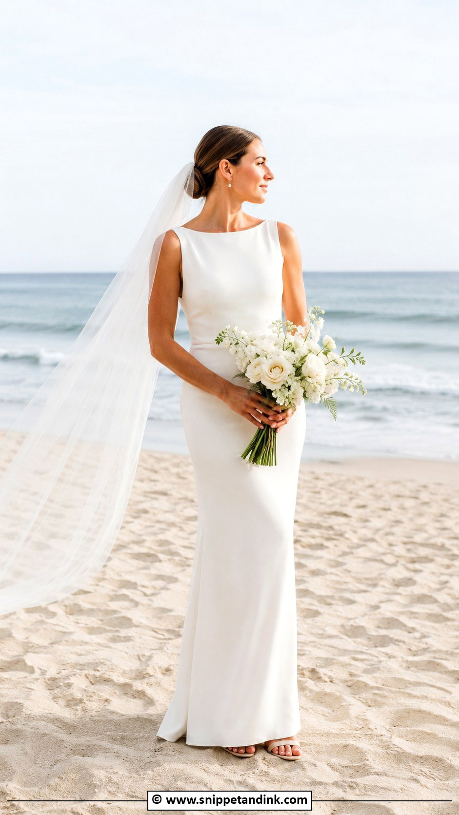 Crepe Beach Bridal Dress With Minimal Jewelry - Snippet and Ink - 30 Beach Bridal Dresses