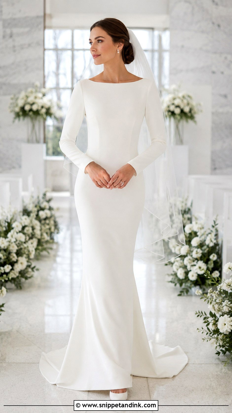 Crepe Boat Neck Wedding Dress With Long Sleeves - Snippet and Ink - 20 Boat Neck Wedding Dress with Sleeves