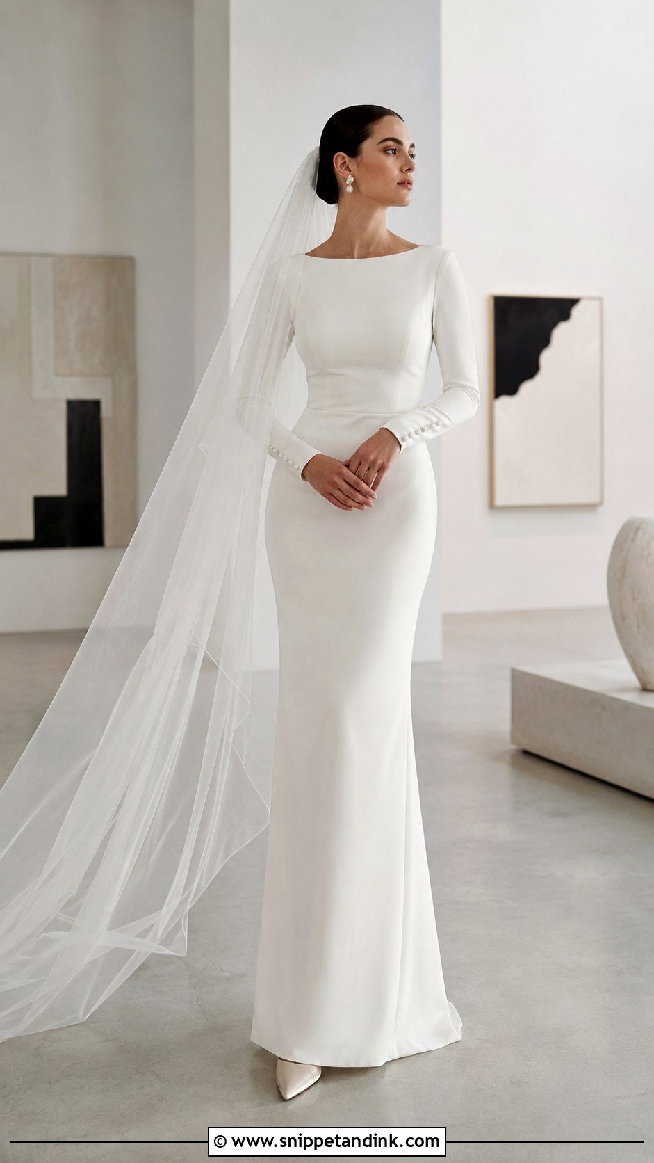 Crepe Bridal Dress With Buttoned Long Sleeves - Snippet and Ink - 20 Bridal Dresses with Sleeves