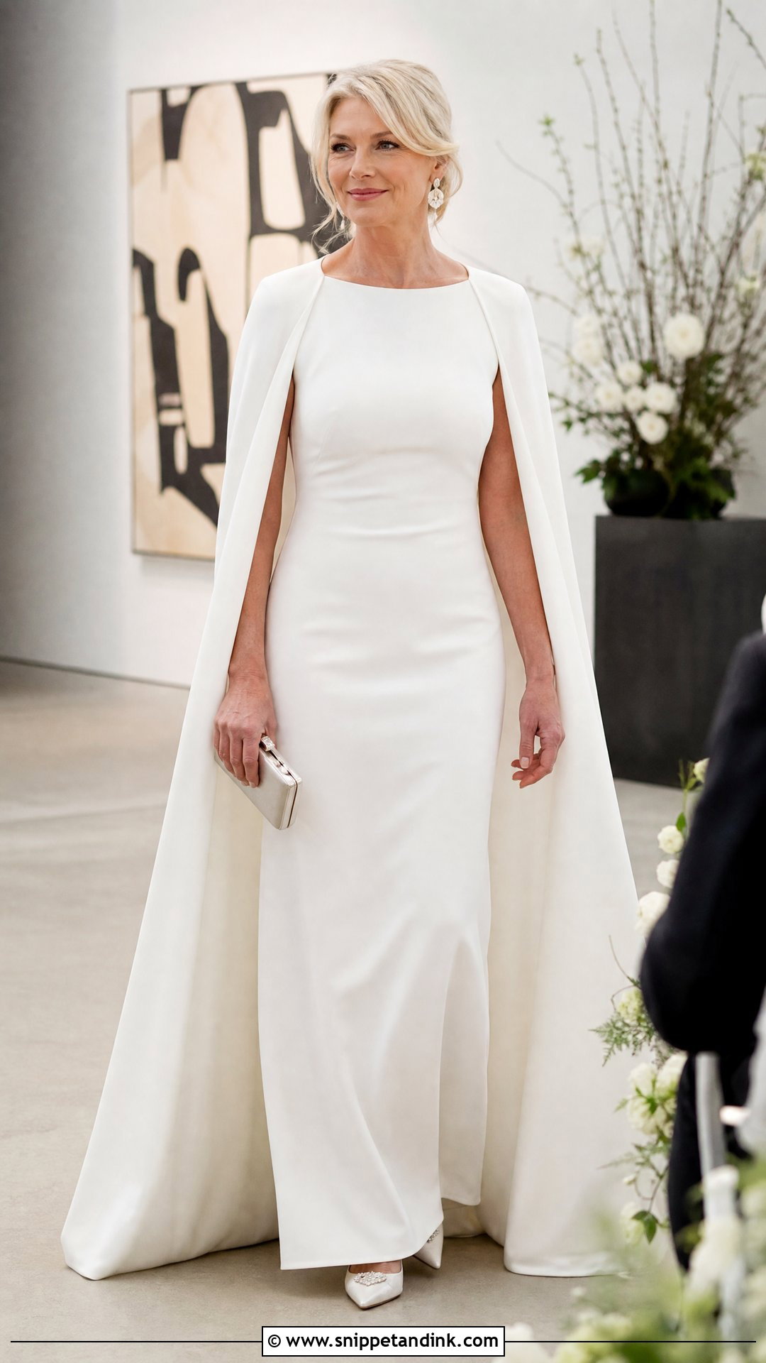 Crepe Column Wedding Dress With Cape - Snippet and Ink - 20 Wedding Dress for 50 Year Old Bride Ideas