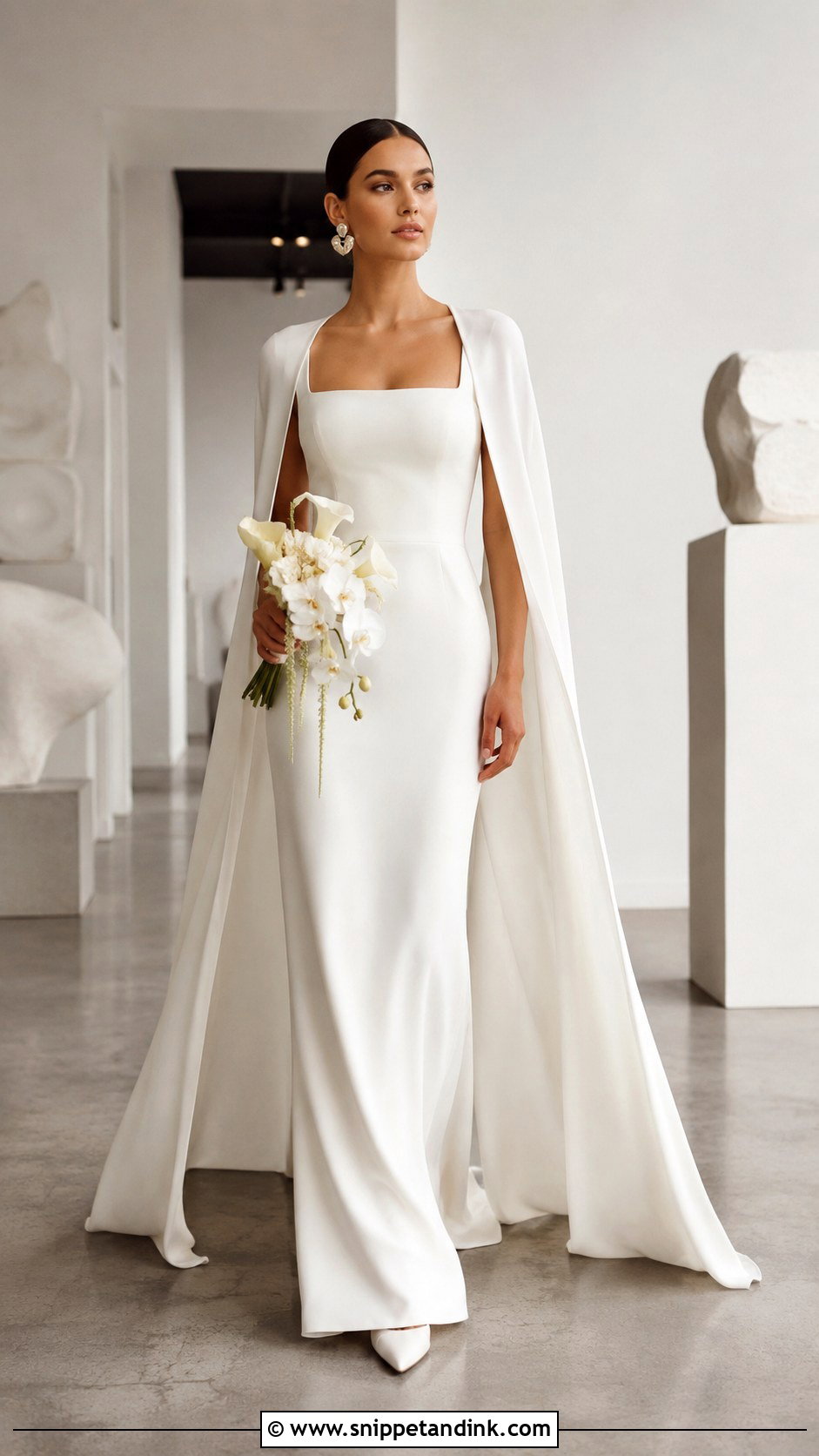 Crepe Column Wedding Dress With Detachable Chiffon Cape - Snippet and Ink - 20 Detachable Cape Wedding Dress Ideas