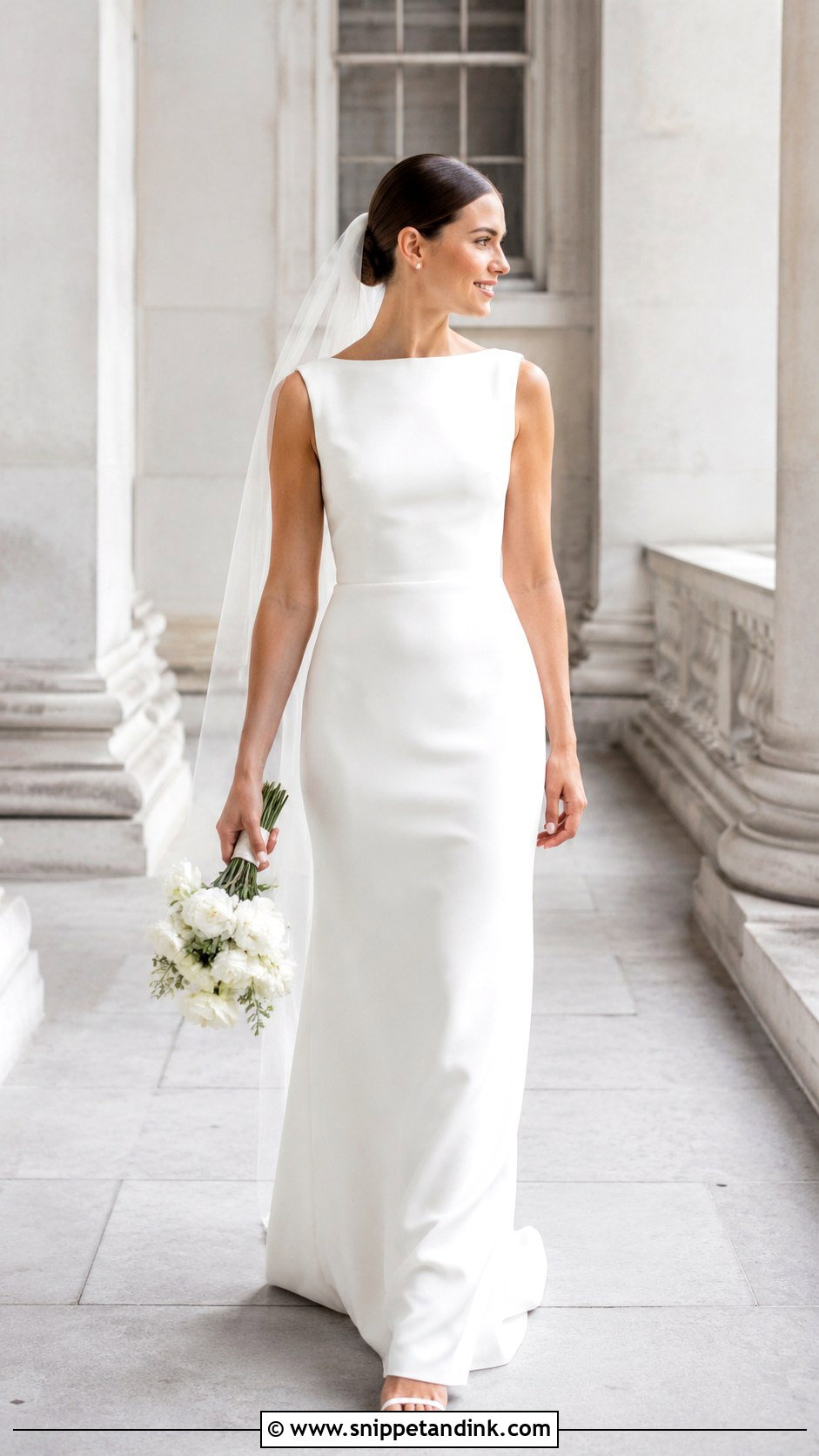 Crepe Column Wedding Dress With Minimal Jewelry - Snippet and Ink - 25 Small Wedding Dress Ideas