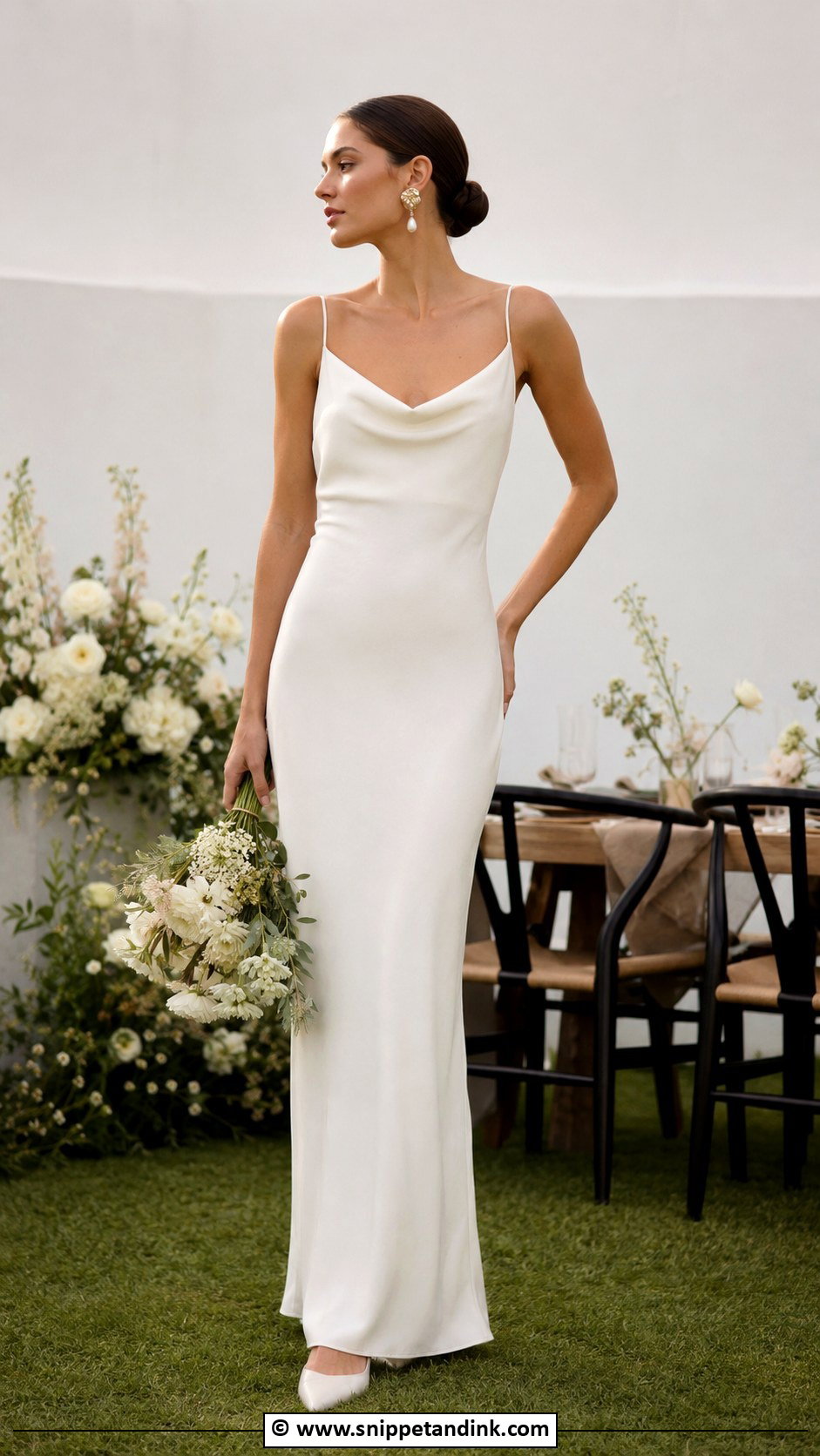 Crepe Column Wedding Dress With Statement Earrings - Snippet and Ink - 30 Backyard Wedding Dress Ideas