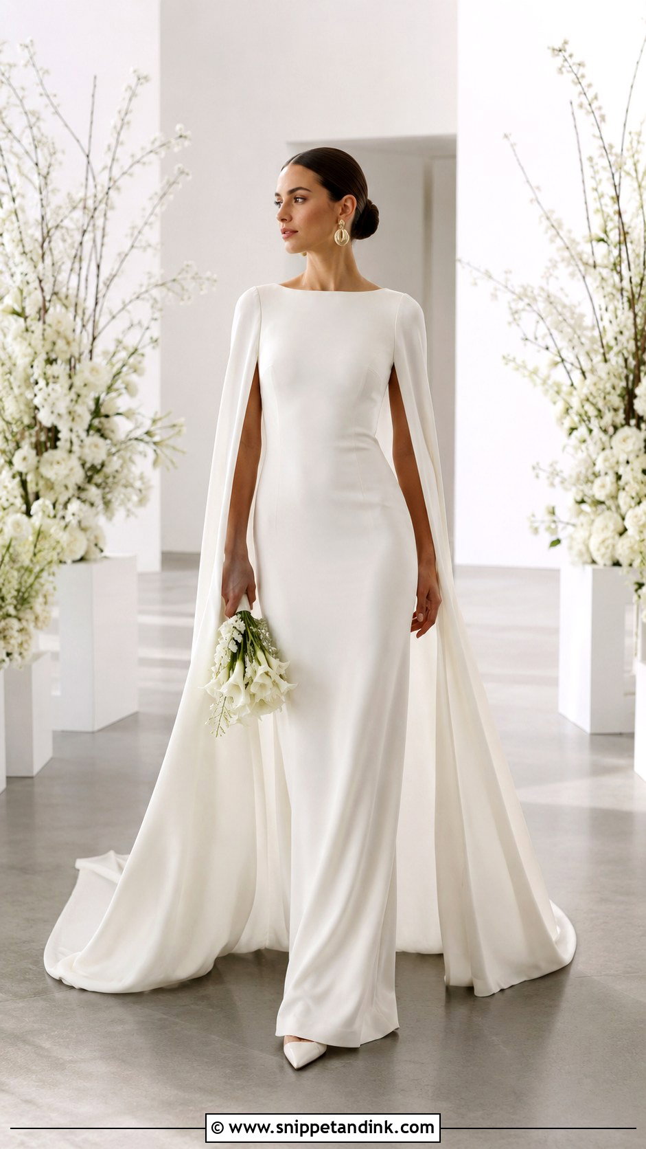 Crepe Column Wedding Gown With Detachable Cape - Snippet and Ink - 20 2 Way Wedding Gown Ideas