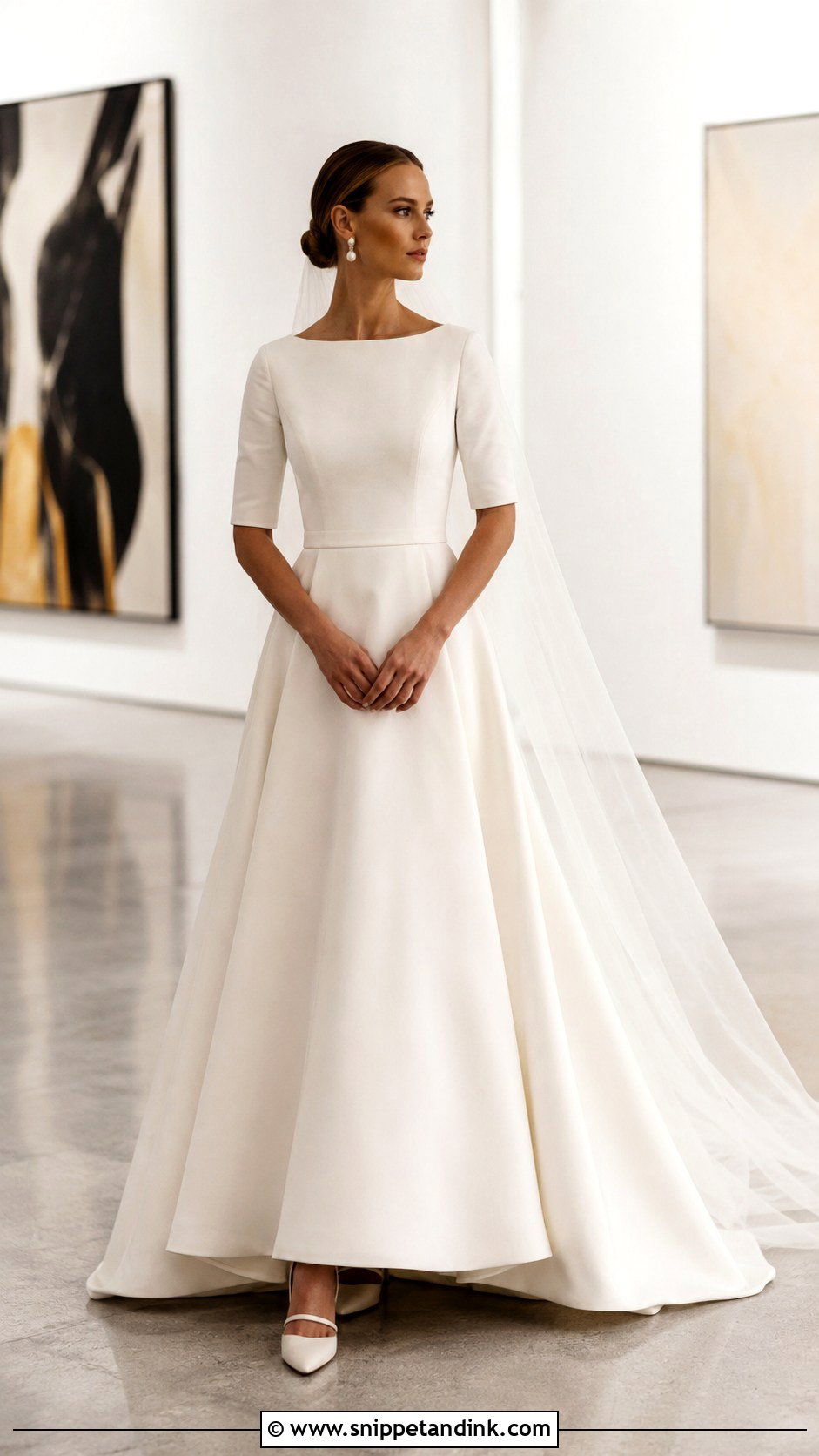 Crepe Fit And Flare Half Sleeve Wedding Dress - Snippet and Ink - 20 Half Sleeve Wedding Dress Ideas