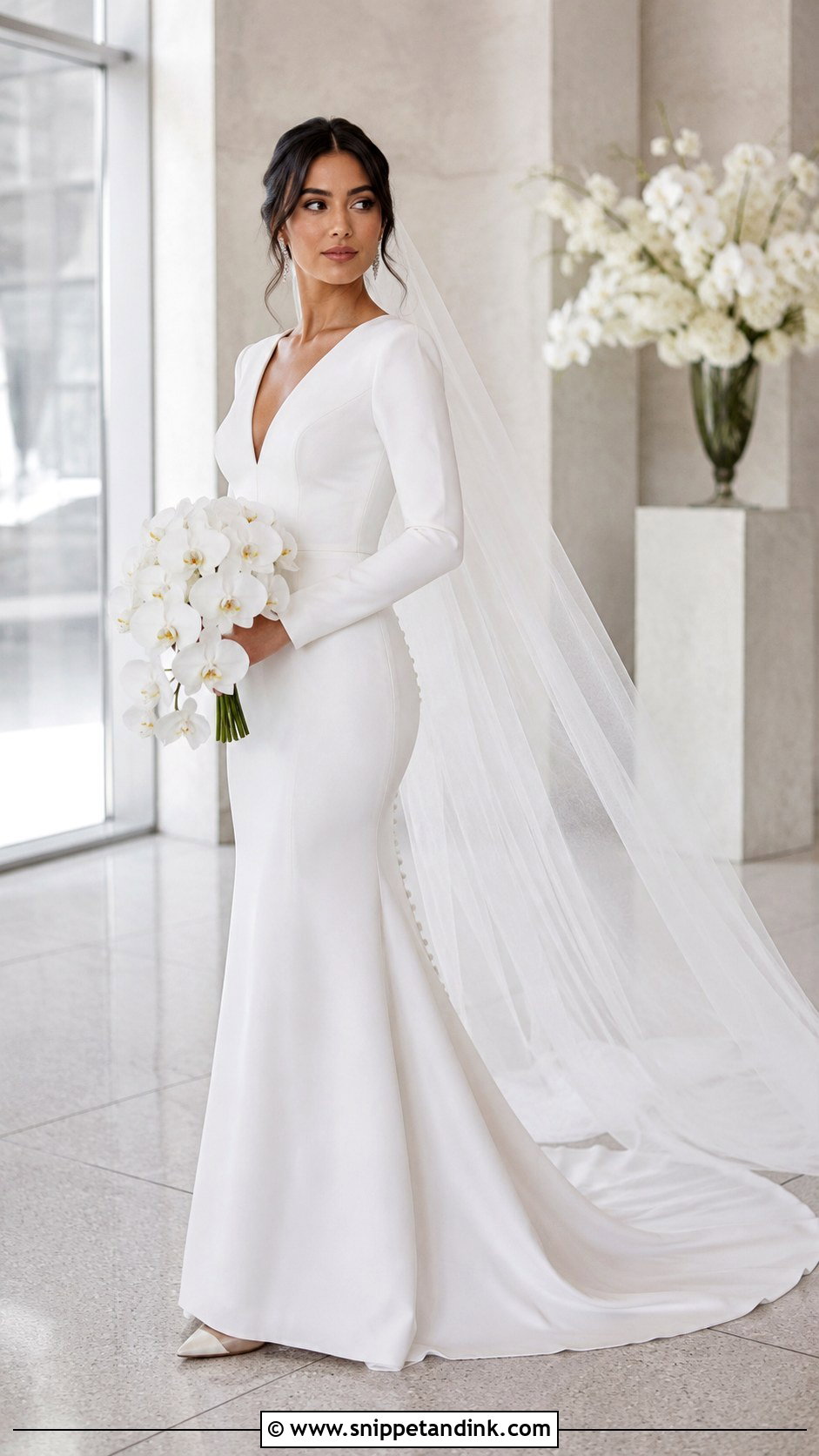Crepe Fit And Flare Long Sleeve Wedding Dress - Snippet and Ink - 20 Bride Dress with Sleeves