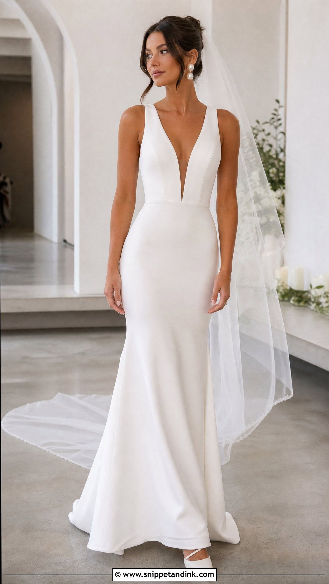 Crepe Fit And Flare Plunging Neckline Wedding Dress - Snippet and Ink - 20 Plunging Neckline Wedding Dress Ideas