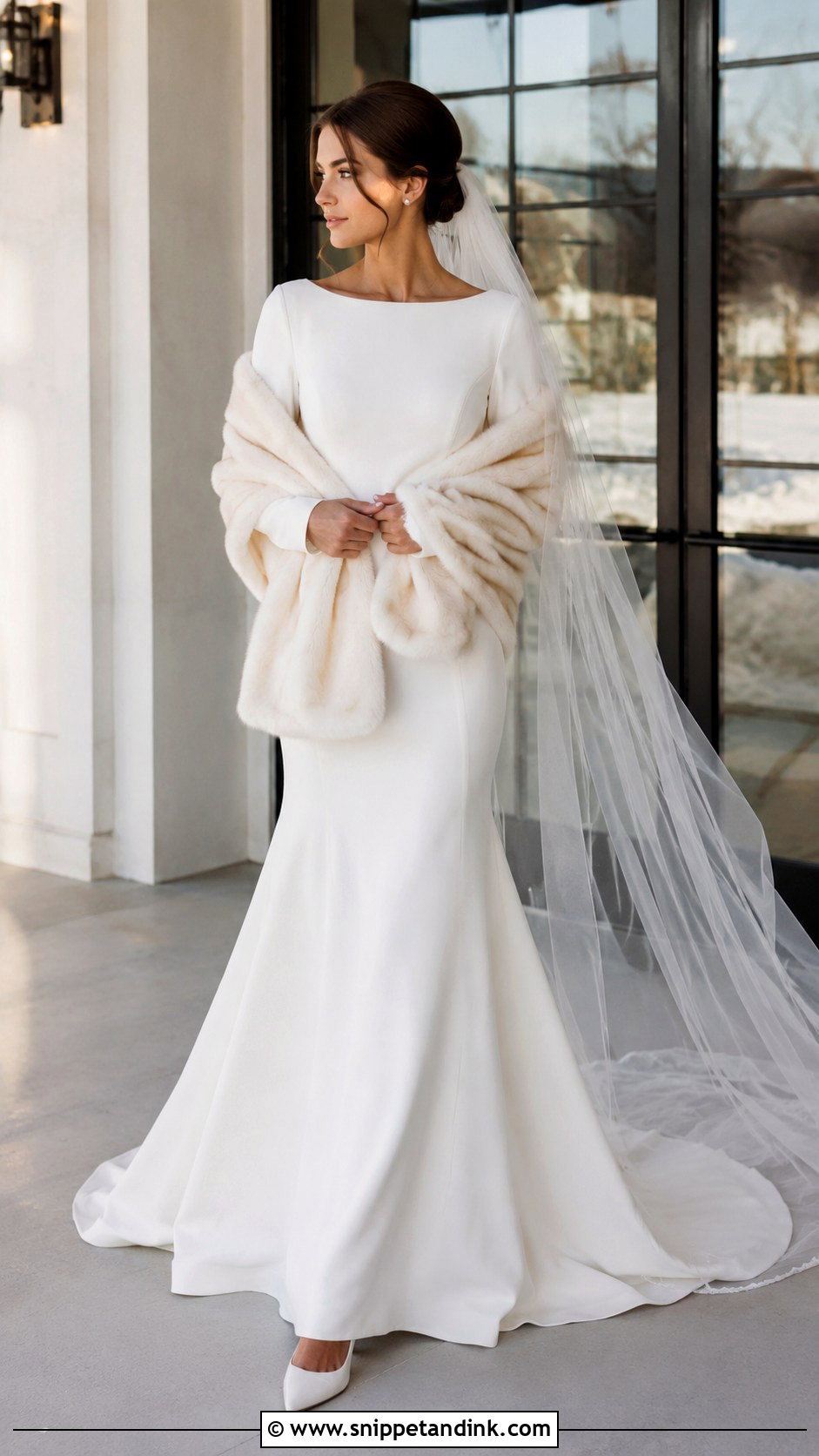 Crepe Fit And Flare Wedding Dress With Faux Fur Wrap - Snippet and Ink - 20 January Wedding Dress Ideas