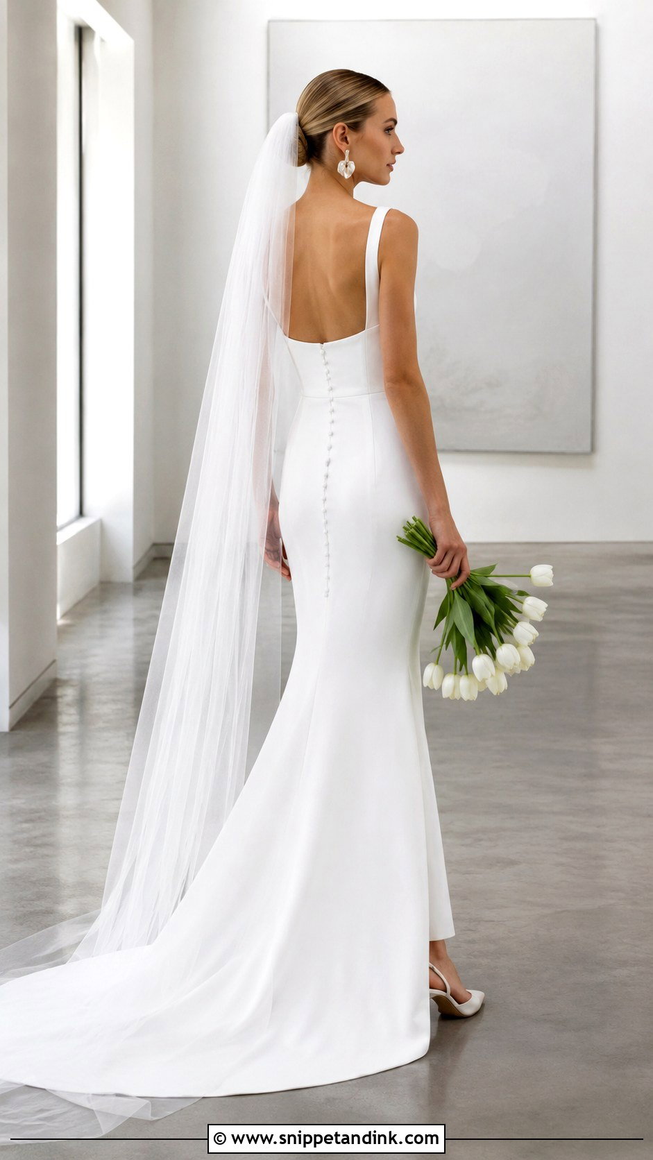 Crepe Fit And Flare Wedding Dress With Modern Veil - Snippet and Ink - 20 Flare Wedding Dress Ideas