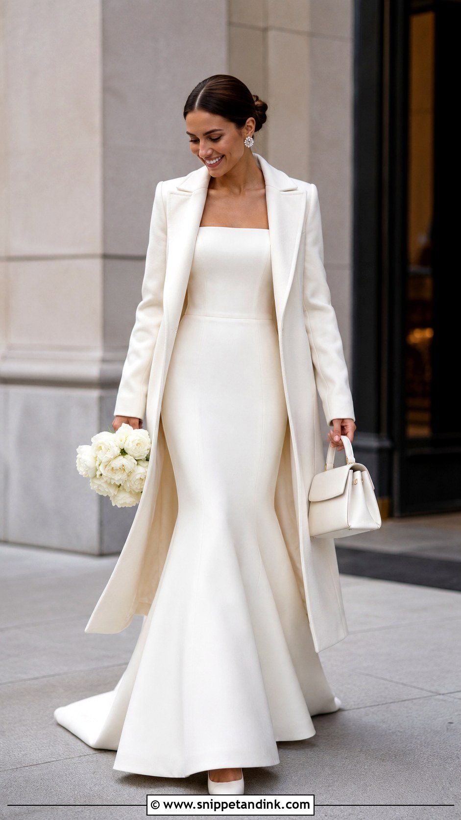 Crepe Fit And Flare Winter Bridal Gown With Tailored Coat - Snippet and Ink - 20 Winter Bridal Outfit Ideas