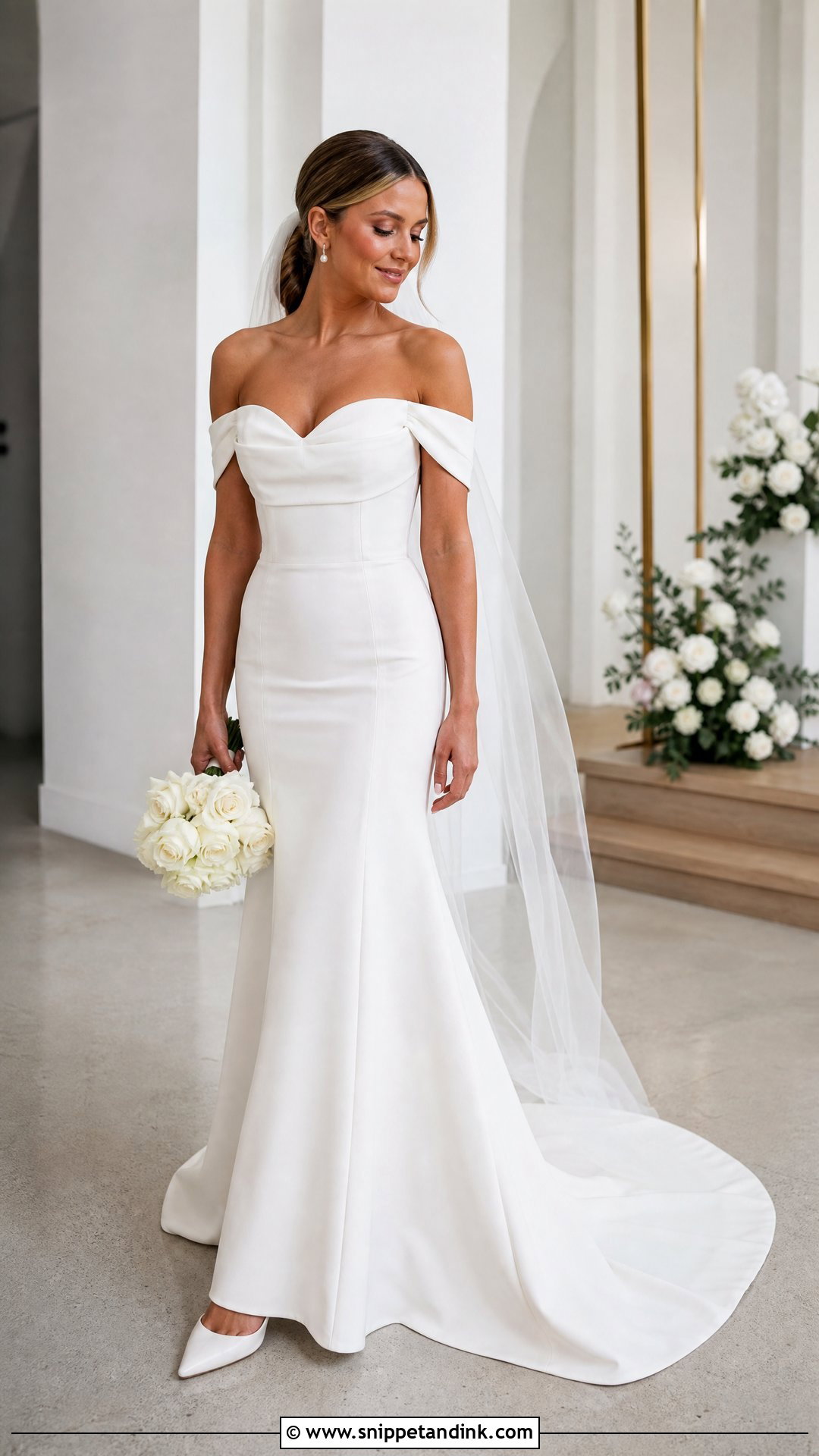 Crepe Fit and Flare Off the Shoulder Wedding Dress - Snippet and Ink - 20 Simple Off the Shoulder Wedding Dress Ideas