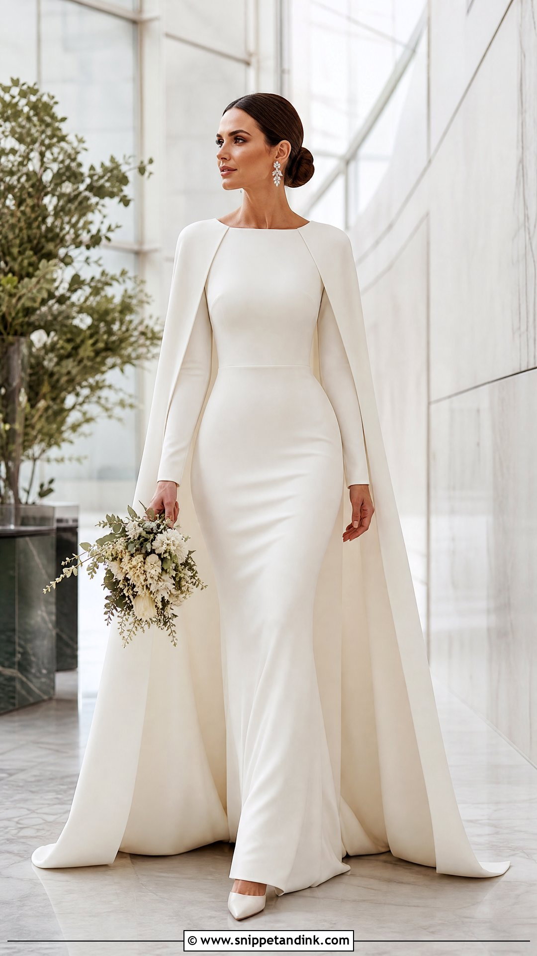 Crepe Gown And Bridal Cape Outfit - Snippet and Ink - 20 Winter Bride Outfits