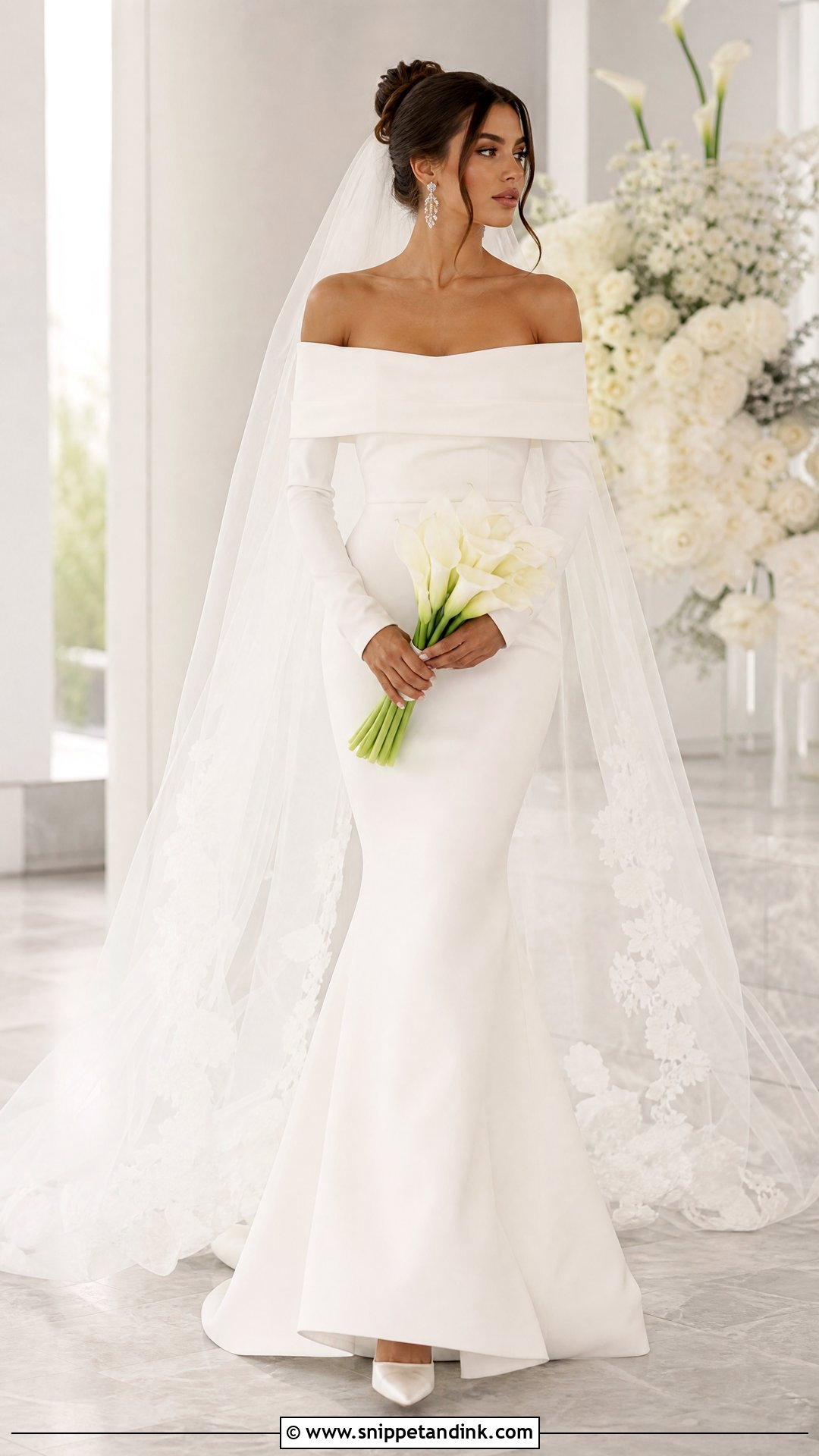 Crepe Mermaid Off the Shoulder Long Sleeve Wedding Dress - Snippet and Ink - 20 Off the Shoulder Long Sleeve Wedding Ideas