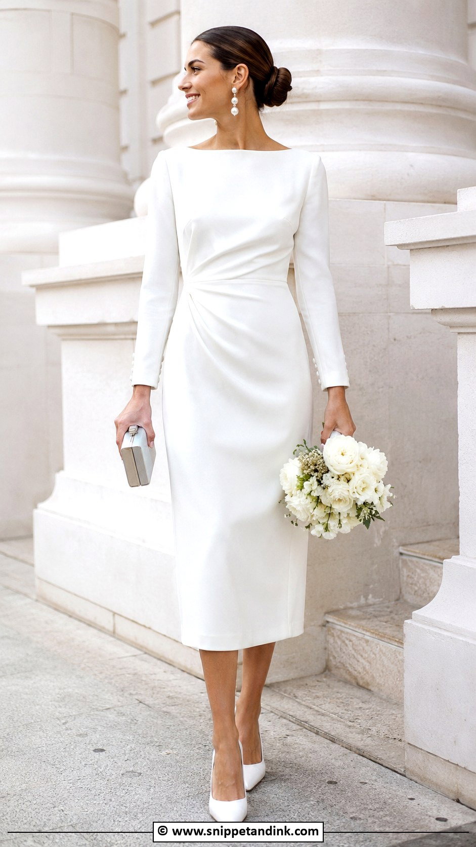 Crepe Midi Wedding Dress With Statement Earrings - Snippet and Ink - 30 Midi Wedding Dress Ideas