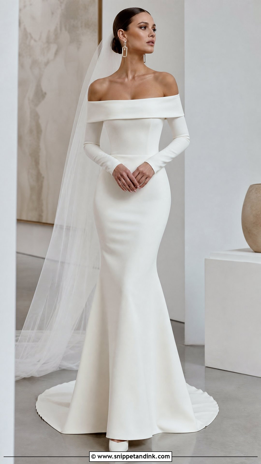 Crepe Off the Shoulder Mermaid Wedding Dress With Sleeves - Snippet and Ink - 20 Wedding Dress Off the Shoulder Sleeves