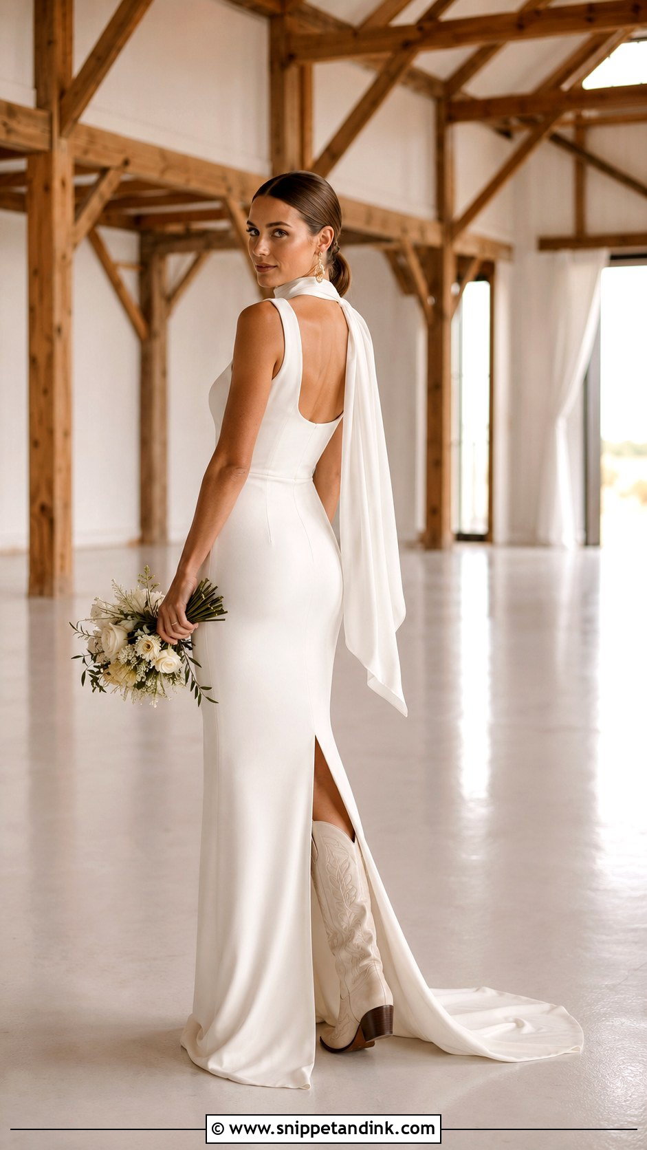 Crepe Sheath Country Wedding Gown With Pointed Boots - Snippet and Ink - 20 Country Wedding Gowns