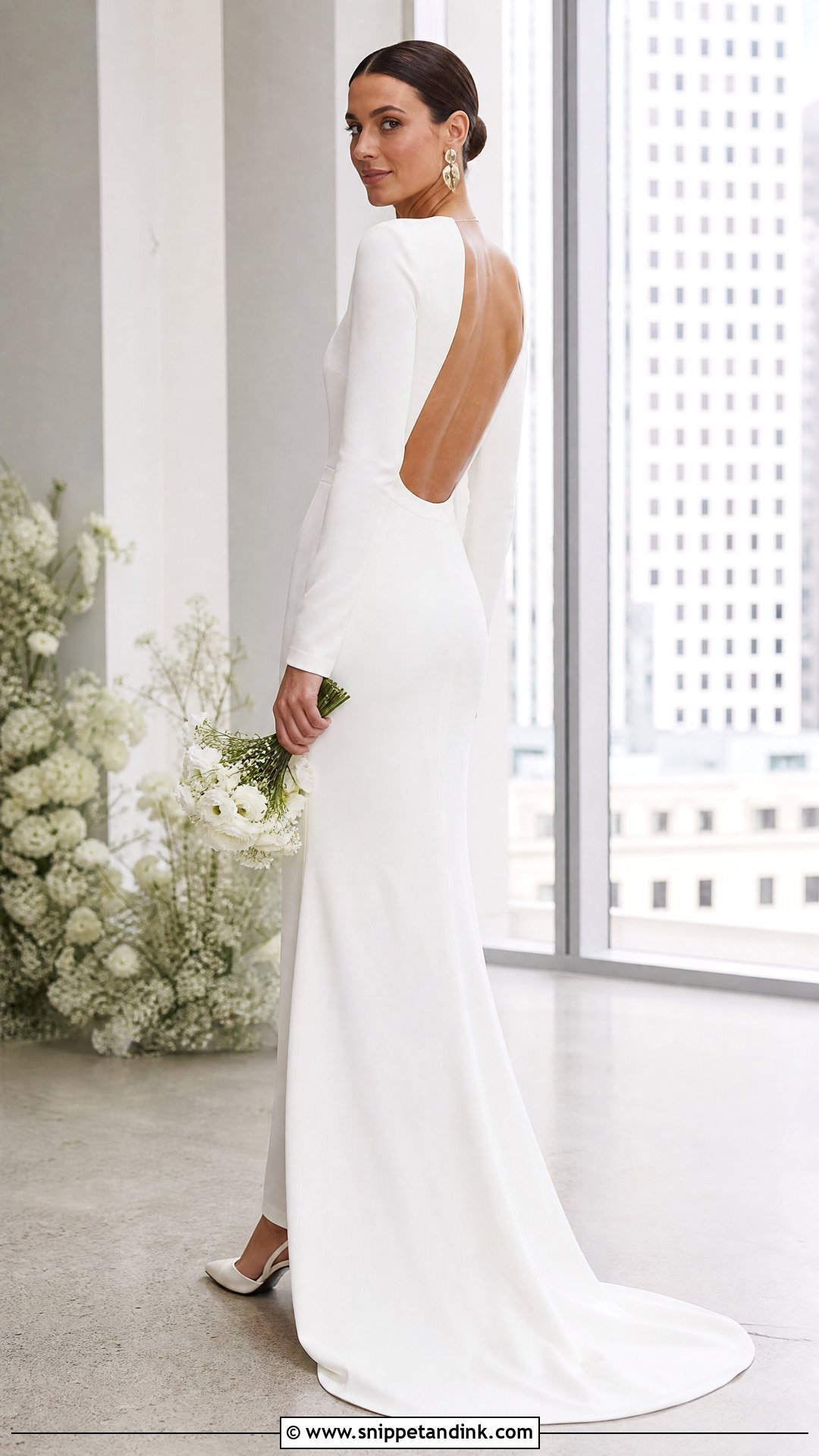 Crepe Sheath Long Sleeve Backless Wedding Dress - Snippet and Ink - 25 Long Sleeve Backless Wedding Dress Ideas