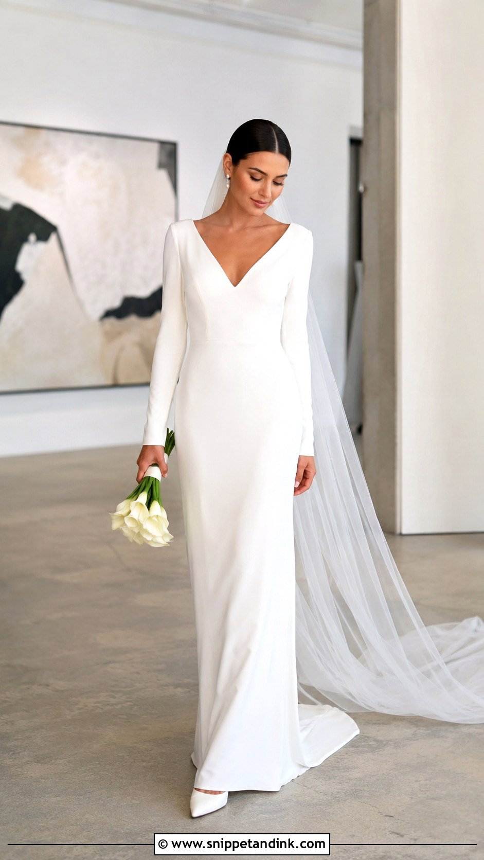 Crepe Sheath Long Sleeve V Neck Wedding Dress - Snippet and Ink - 20 Long Sleeve V Neck Wedding Dress Ideas