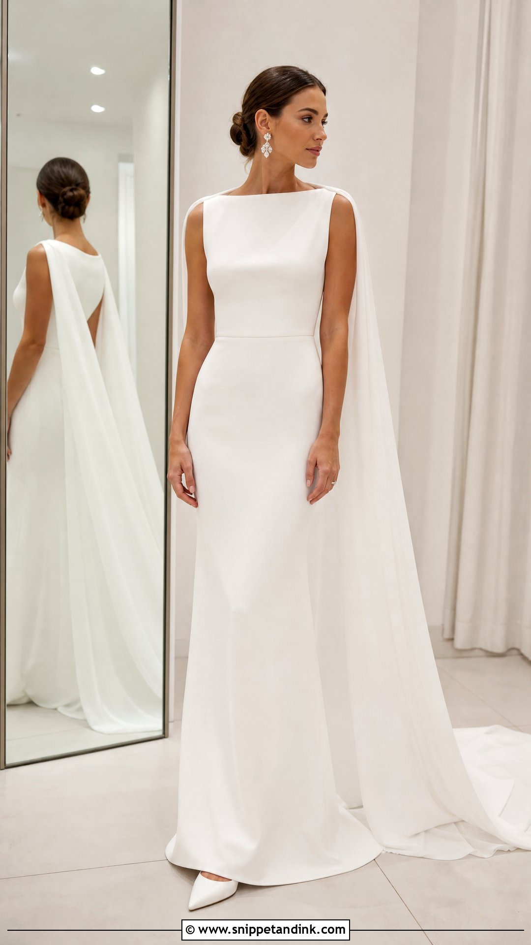Crepe Sheath Wedding Dress With Cape Veil - Snippet and Ink - 20 Trying on Wedding Dresses