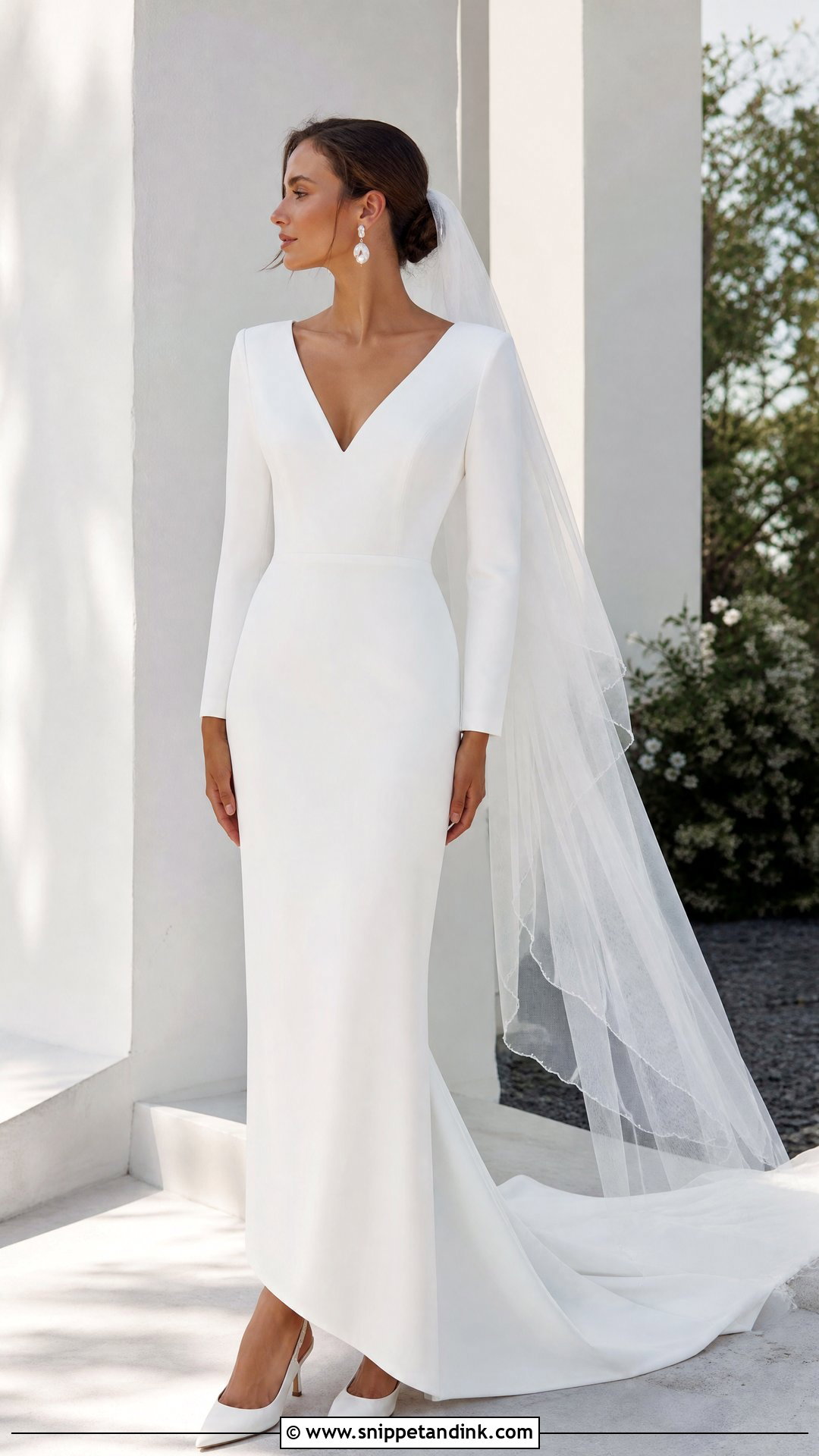 Crepe Sheath Wedding Dress With Fitted Sleeves - Snippet and Ink - 20 Pretty Wedding Dresses with Sleeves