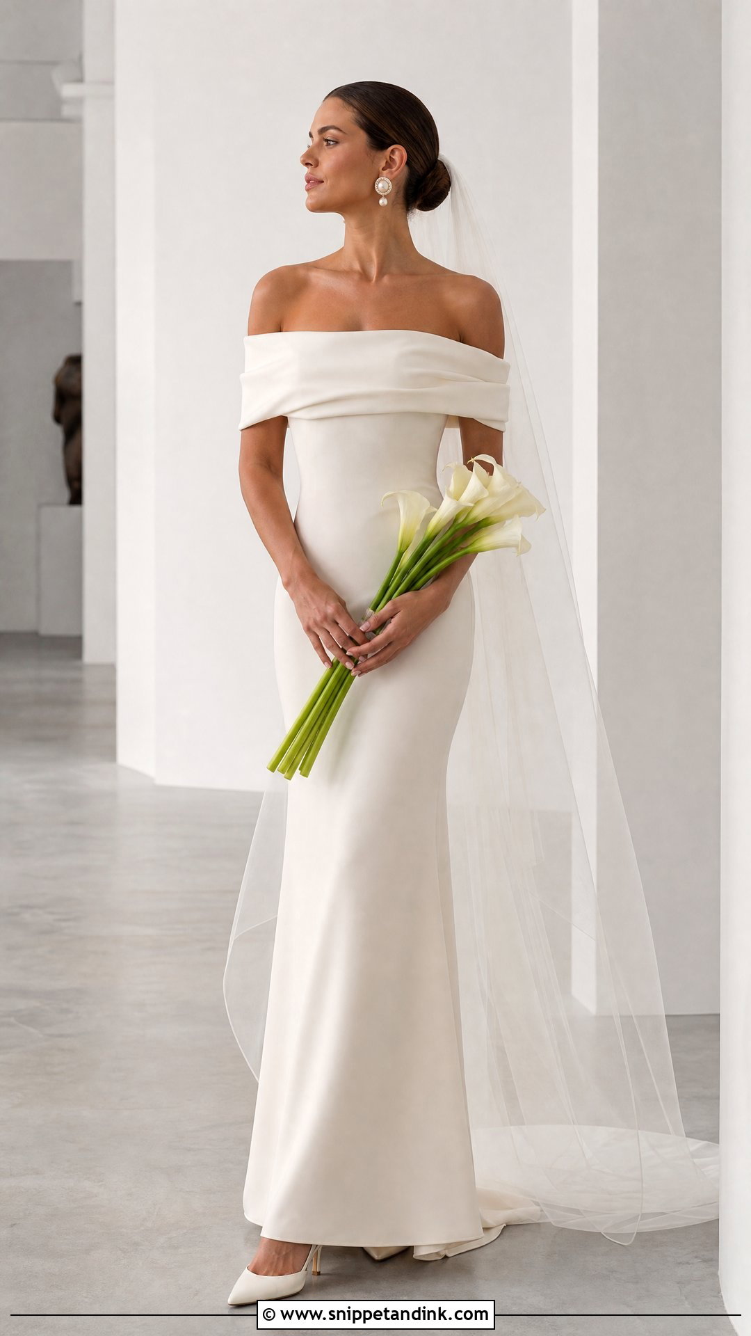 Crepe Sheath Wedding Dress With Foldover Sleeves - Snippet and Ink - 20 Wedding Dress Off Shoulder Sleeves