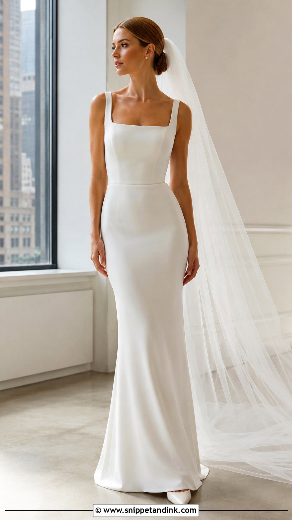 Crepe Sheath Wedding Dress With Low Bun - Snippet and Ink - 25 Tight Wedding Dresses