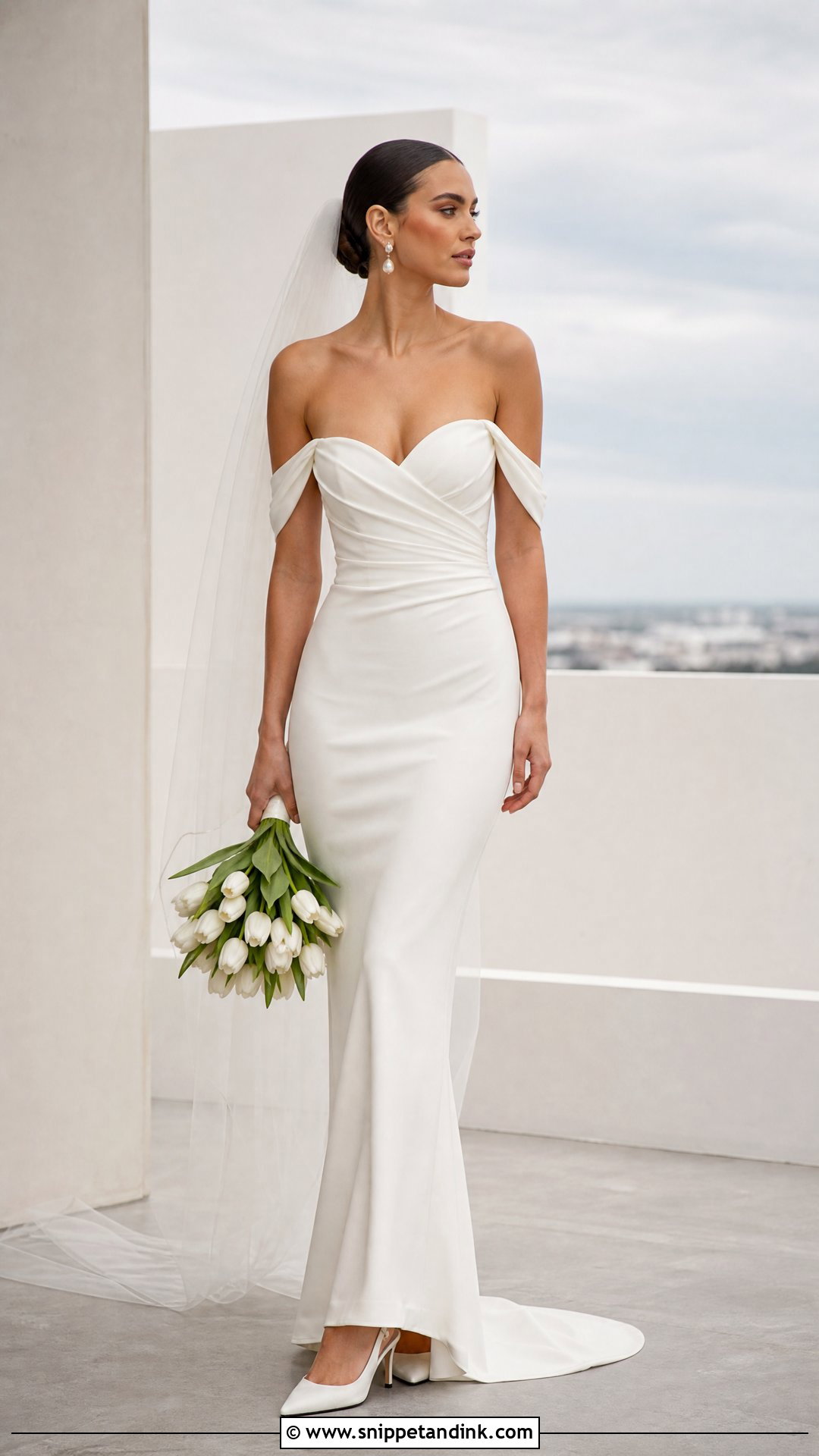 Crepe Sheath Wedding Dress With Off Shoulder Sleeves - Snippet and Ink - 20 Wedding Dress with Sleeves Off Shoulder