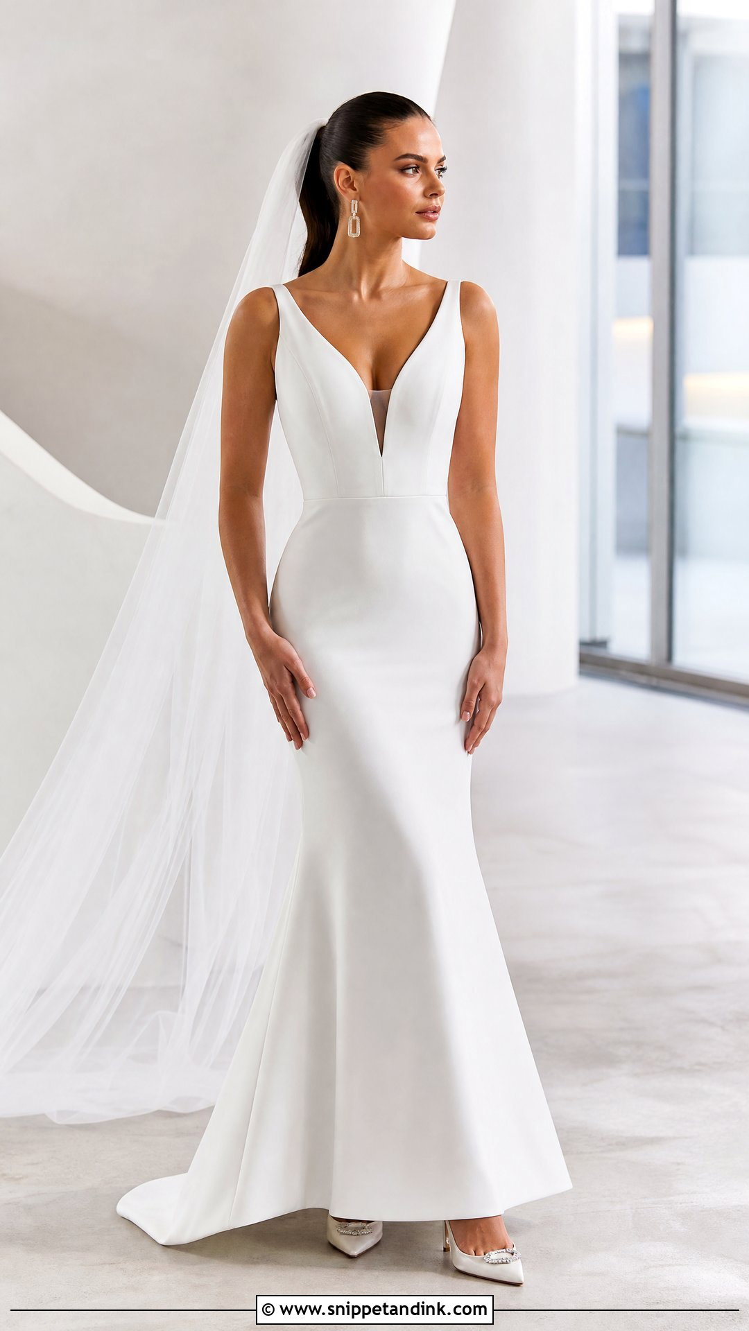 Crepe V Neck Fit and Flare Wedding Dress - Snippet and Ink - 20 V Neckline Wedding Dress Ideas