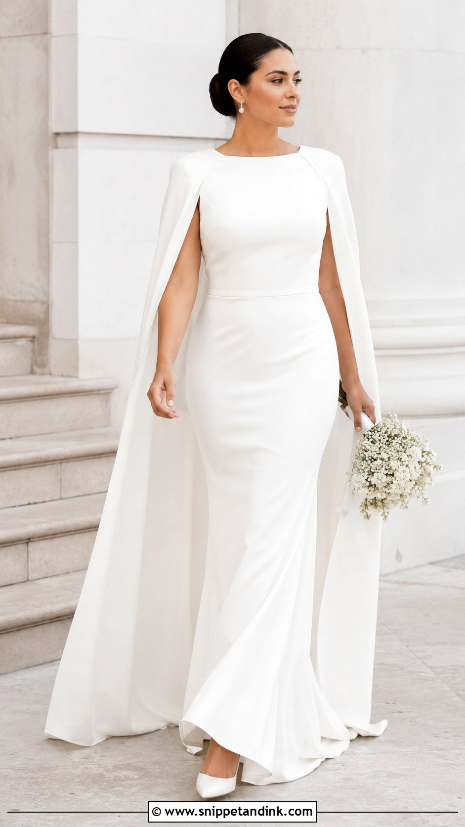 Crepe Wedding Dress With Cape Veil - Snippet and Ink - 30 Midsize Wedding Dress Ideas