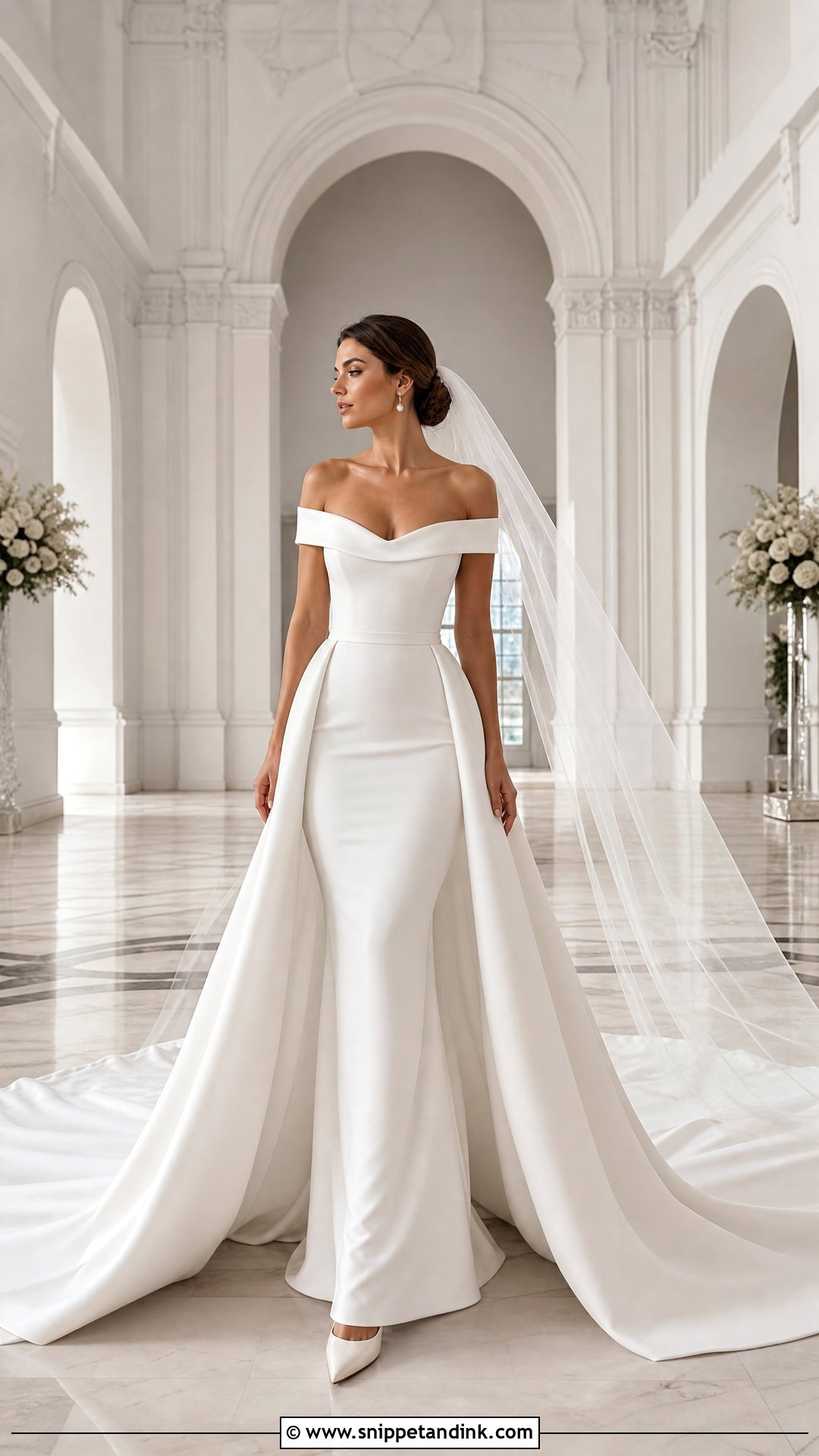Crepe Wedding Dress With Cathedral Train Overskirt - Snippet and Ink - 20 Removable Skirt Wedding Dress Ideas