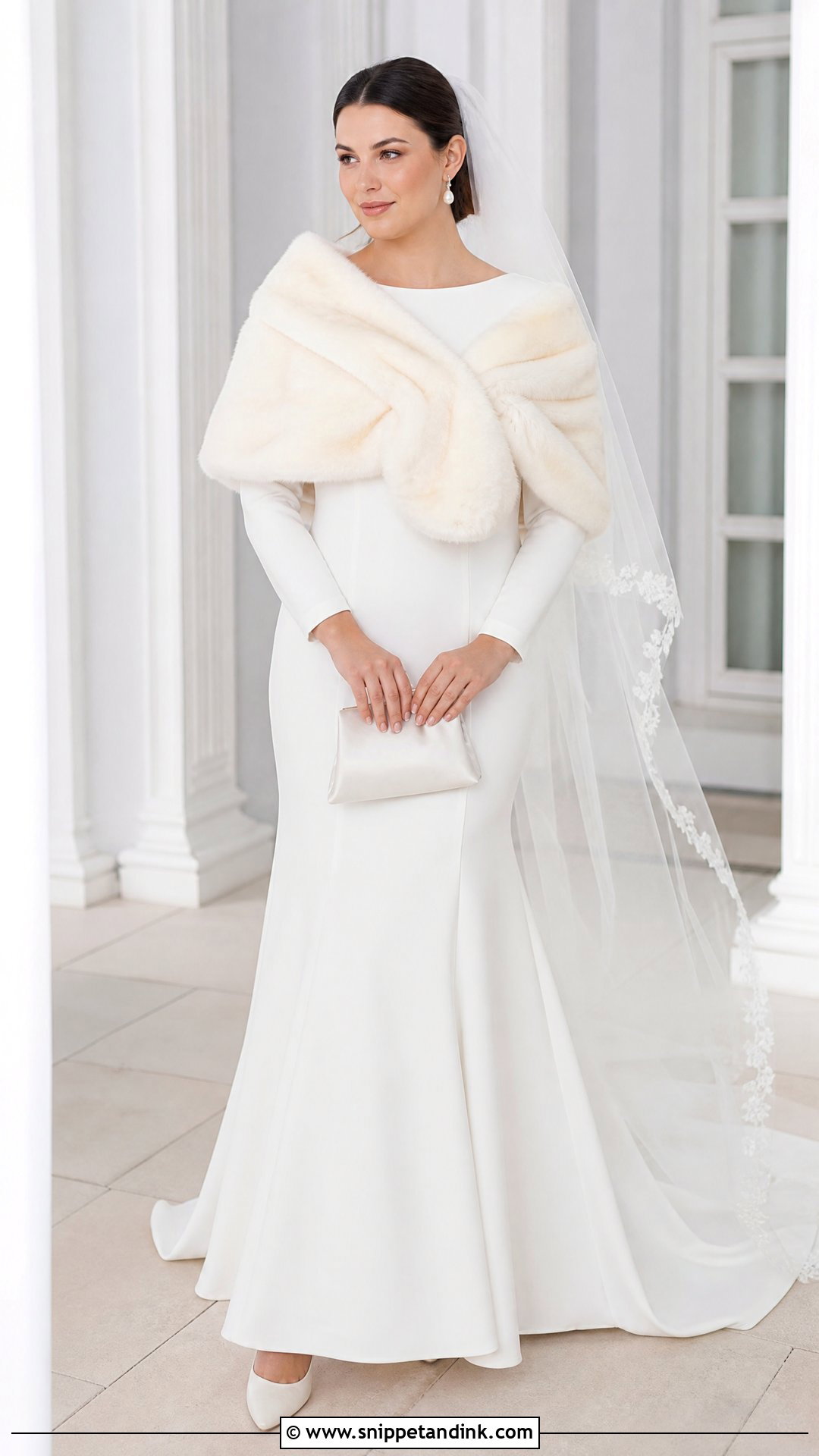 Crepe Wedding Dress With Faux Fur Stole - Snippet and Ink - 20 Warm Wedding Dress Ideas