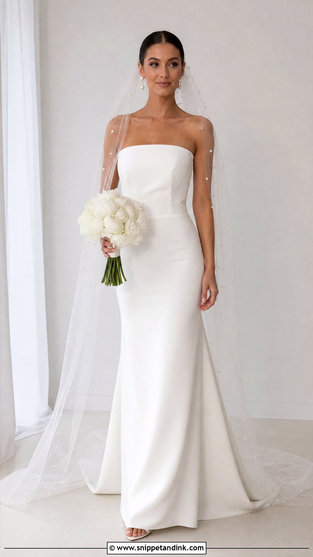 Crepe Wedding Dress With Pearl Veil - Snippet and Ink - 25 Crepe Wedding Dress Ideas