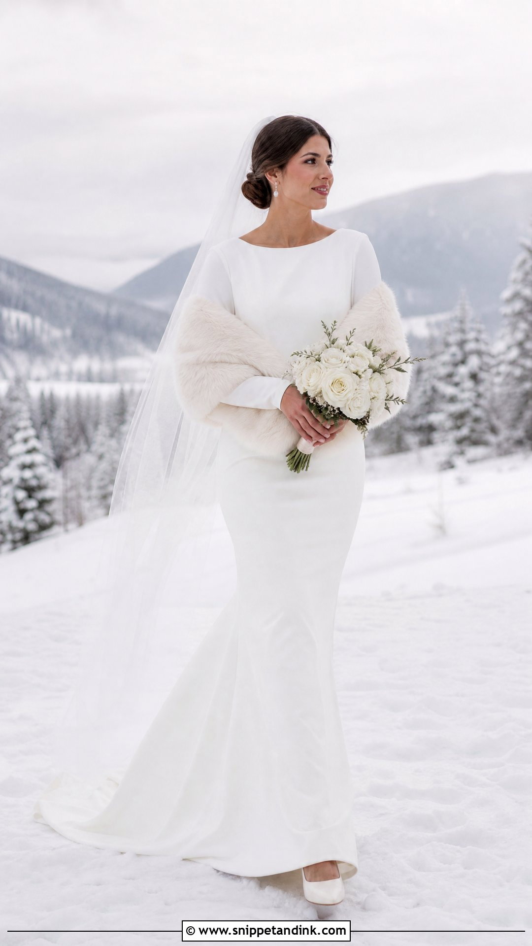 Crepe Winter Bridal Dress With Faux Fur Stole - Snippet and Ink - 20 Winter Bridal Ideas