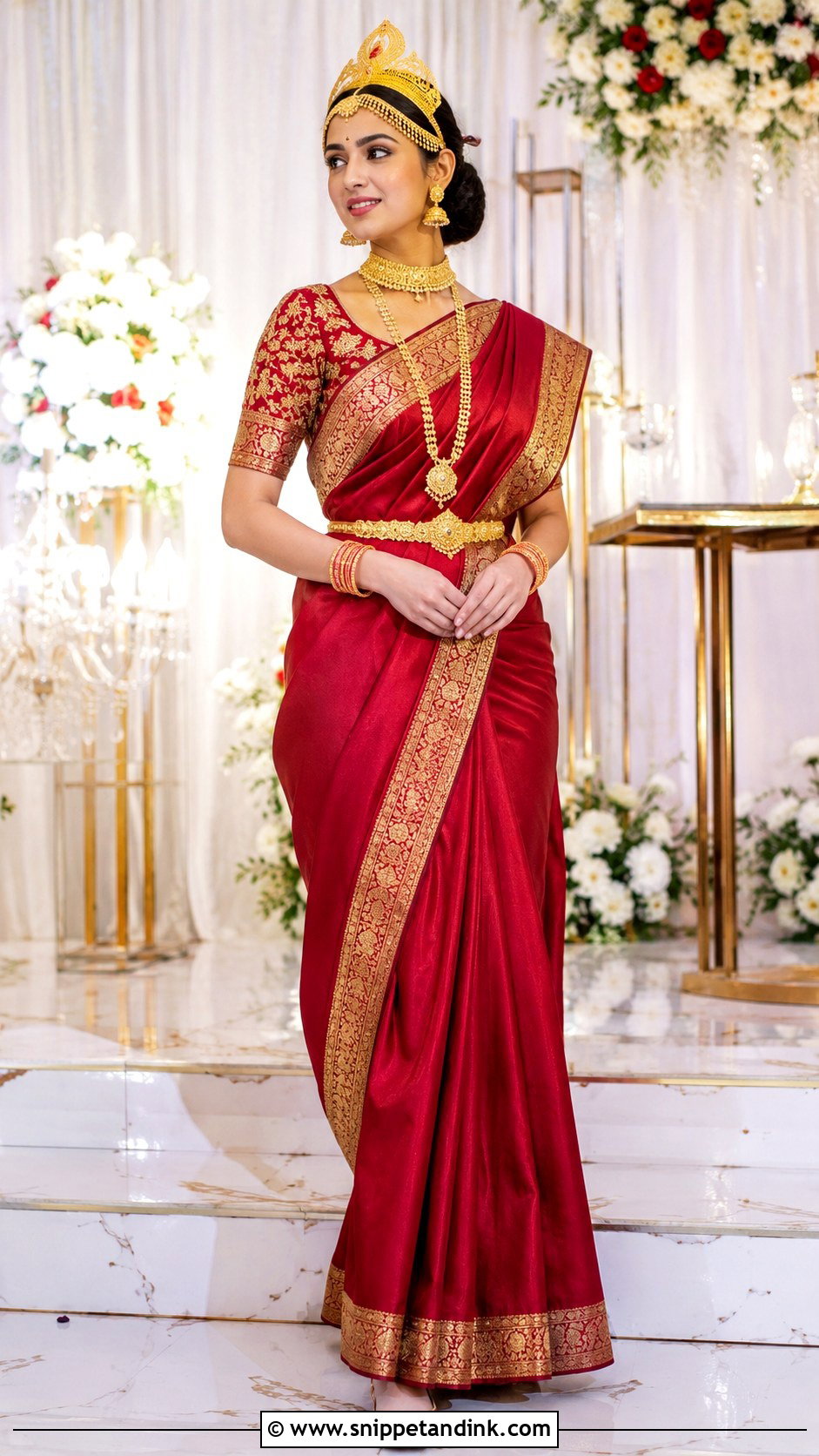 Crimson Silk Saree With Gold Jewelry - Snippet and Ink - 20 Kashmiri Pandit Bride Ideas